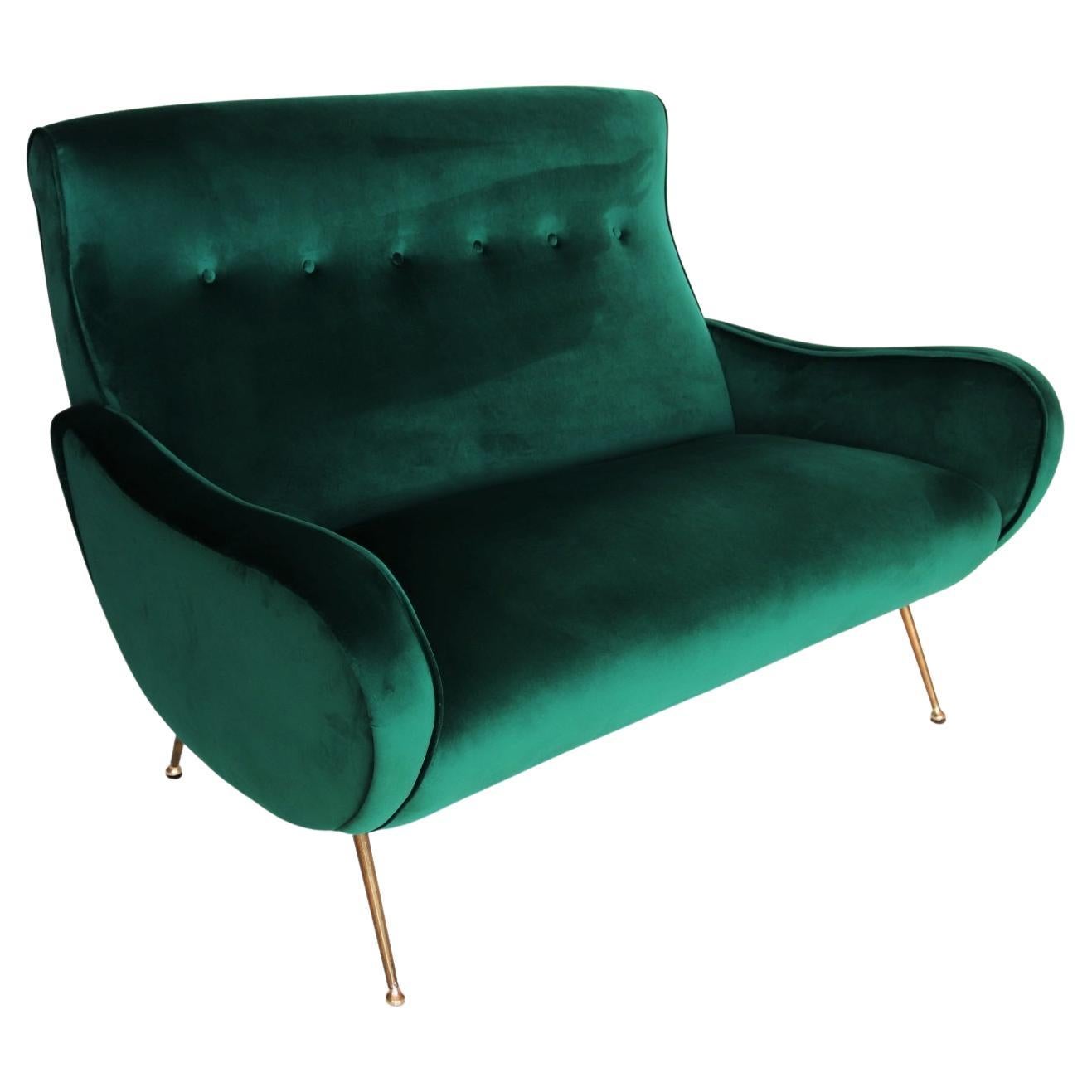 Italian Midcentury Sofa in New Green Velvet and Brass Tipps, 1950s For Sale