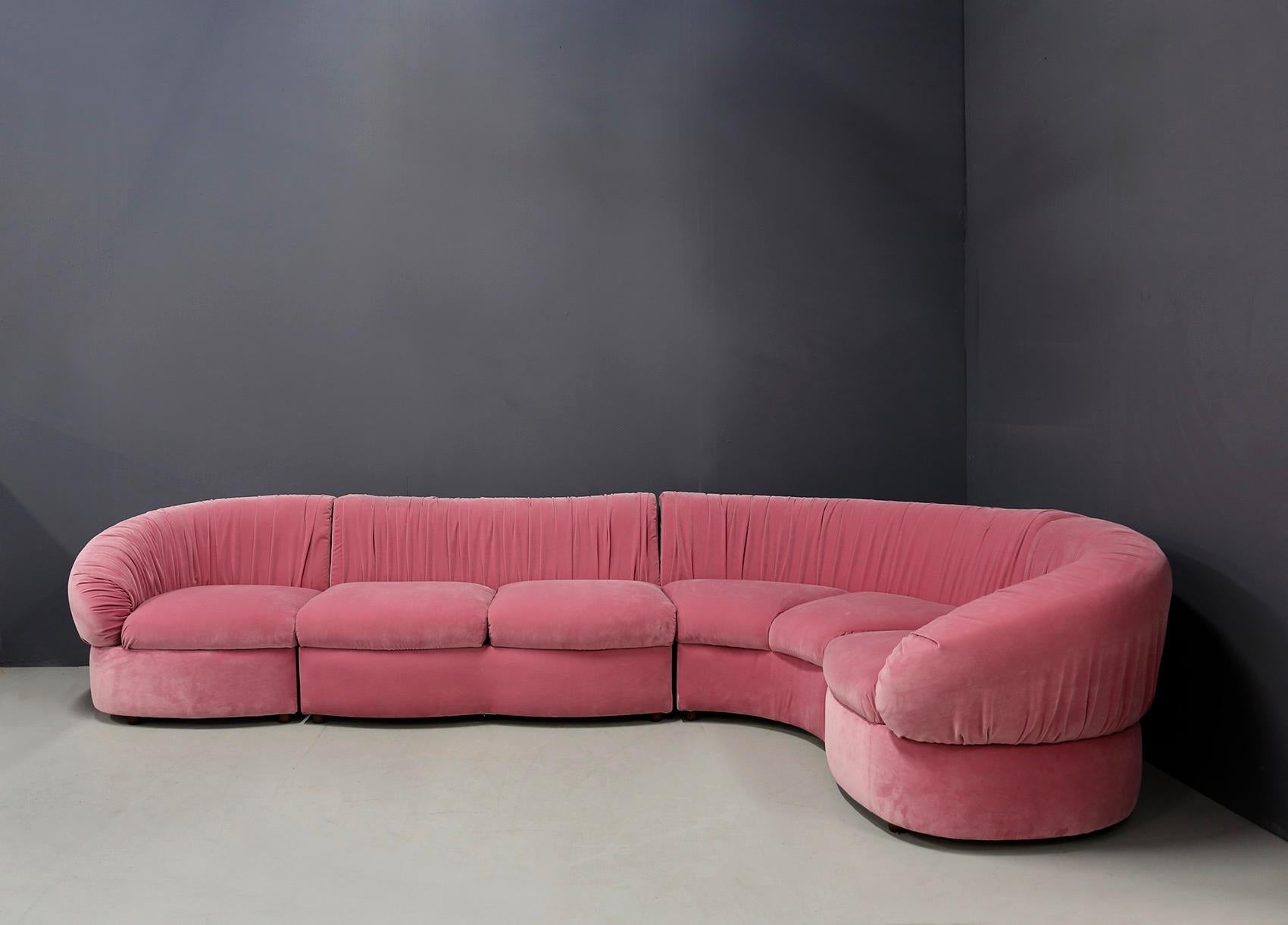 Mid-Century Modern Italian Midcentury Sofa Modular in Pink Velvet Restored, 1960s