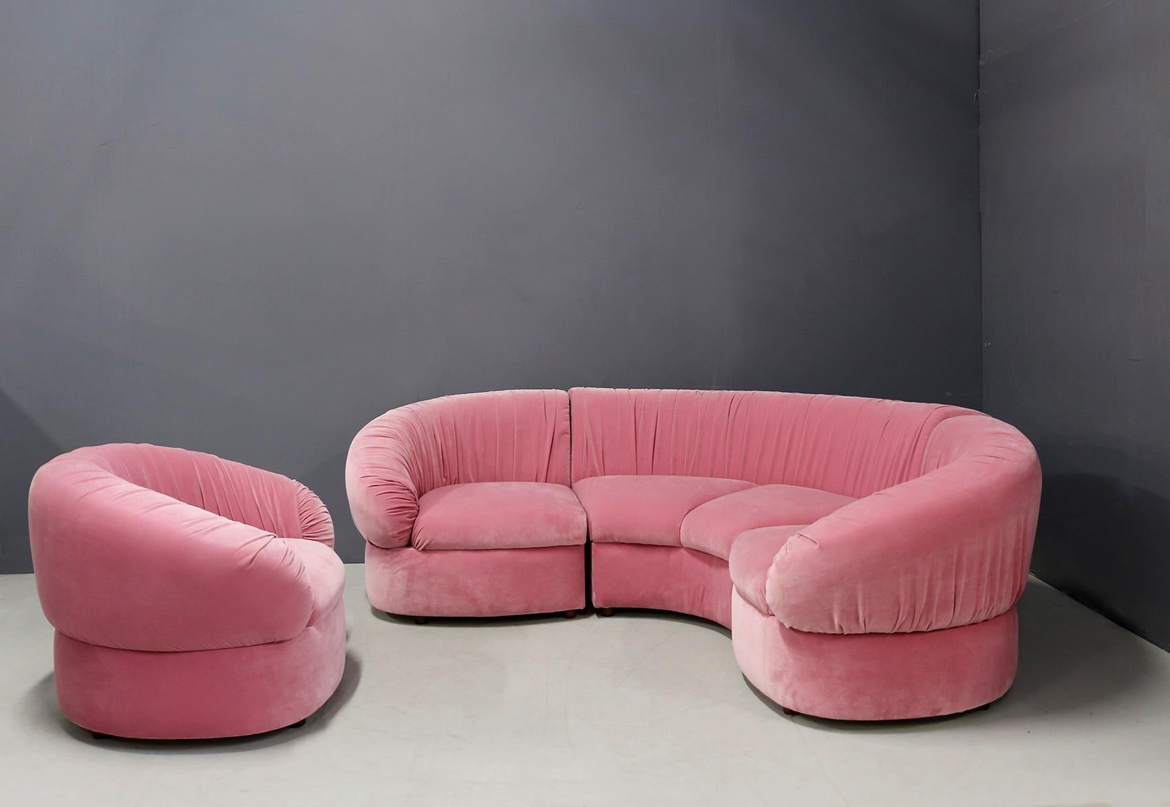 Italian Midcentury Sofa Modular in Pink Velvet Restored, 1960s 1