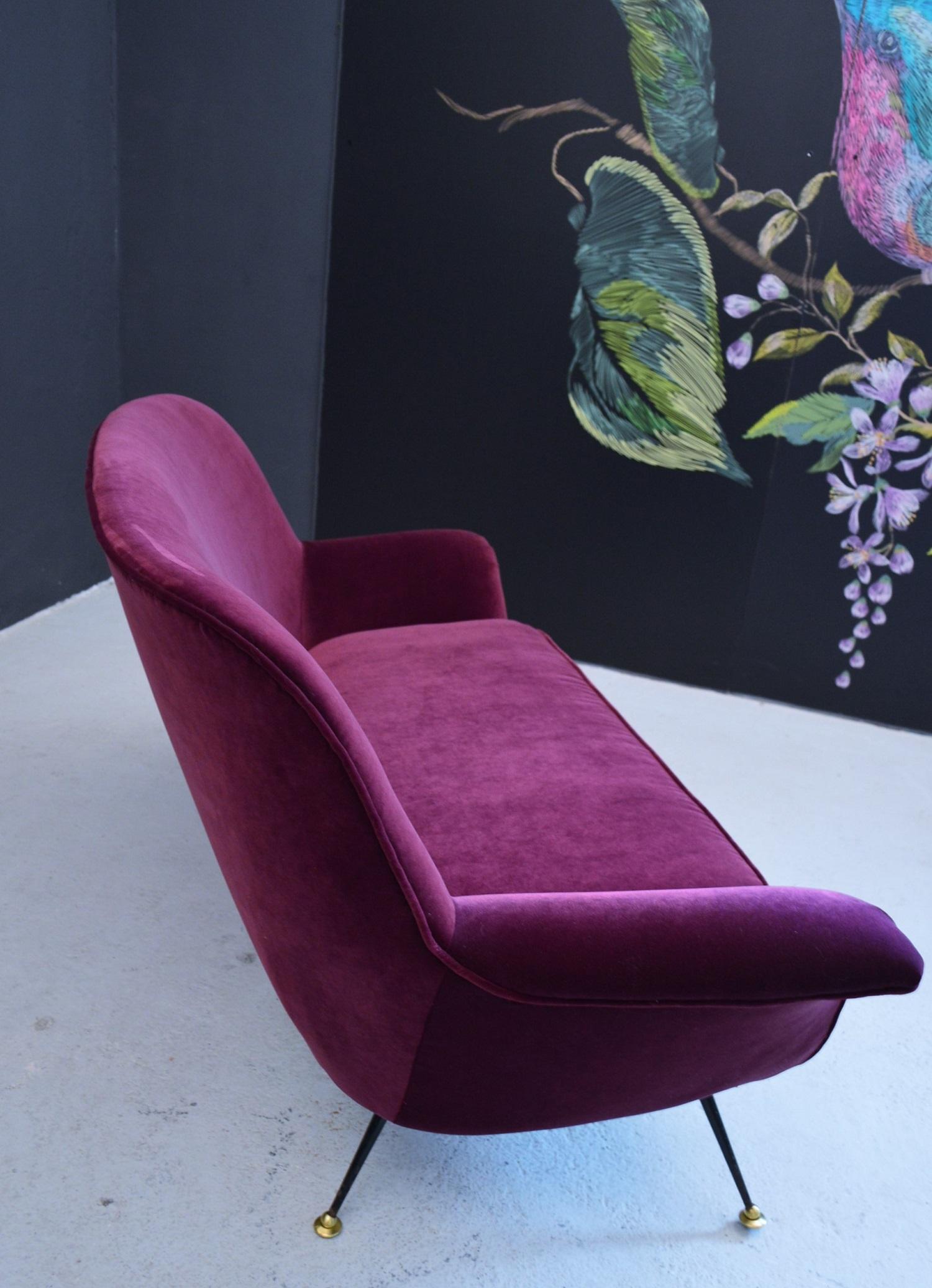 Polished Italian Midcentury Sofa or Loveseat Reupholstered with Purple Velvet, 1950s