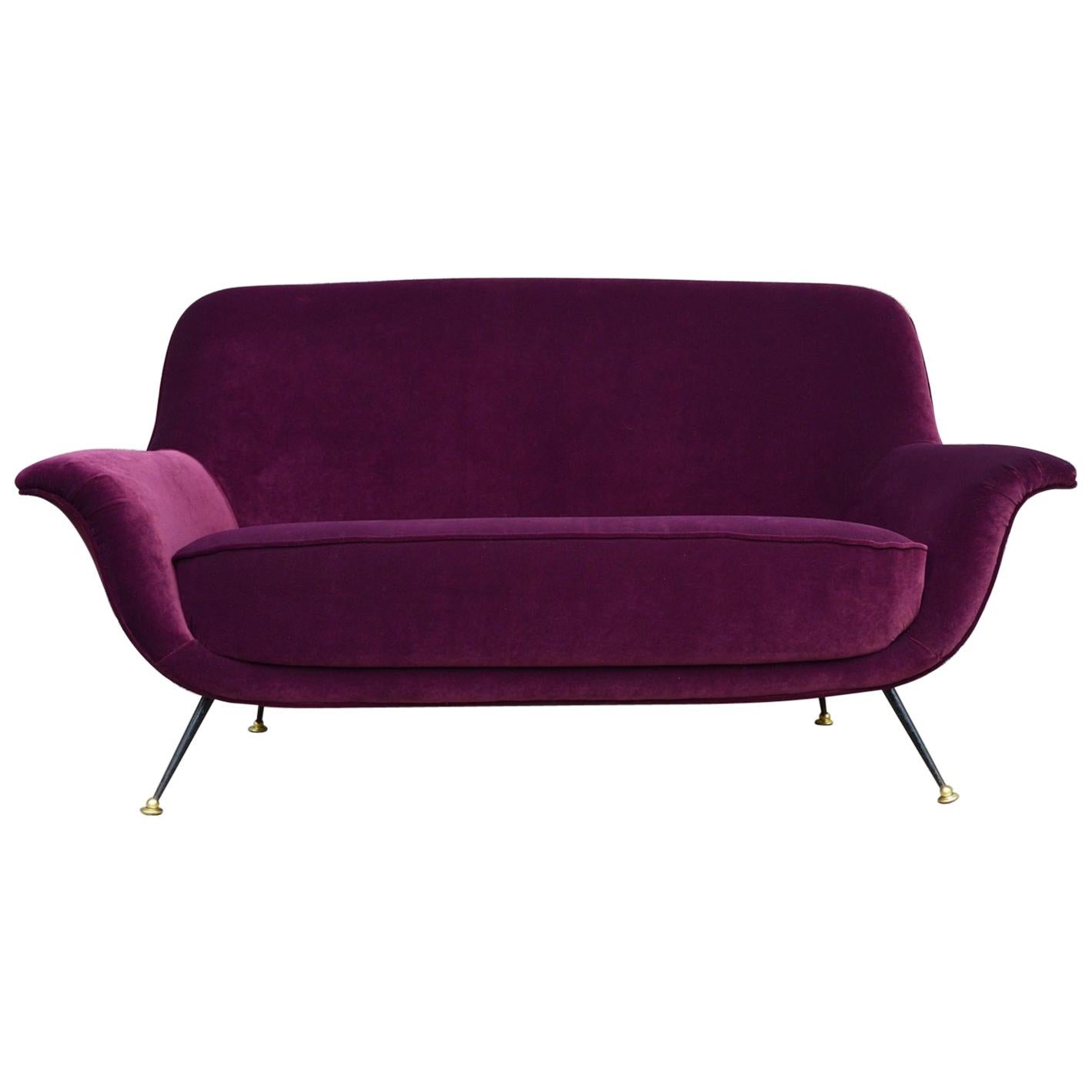 Italian Midcentury Sofa or Loveseat Reupholstered with Purple Velvet, 1950s