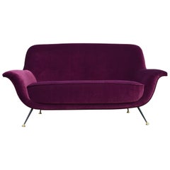 Retro Italian Midcentury Sofa or Loveseat Reupholstered with Purple Velvet, 1950s