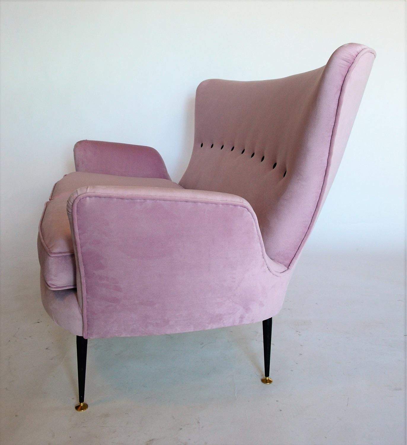 Italian Midcentury Sofa or Settee with Brass and Lilac Pink Velvet, 1950s 6