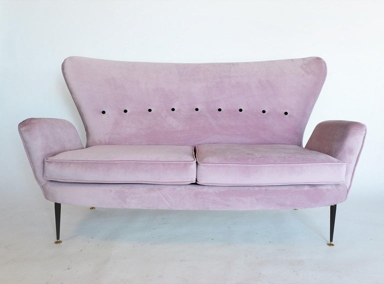 Italian Midcentury Sofa or Settee with Brass and Lilac Pink Velvet