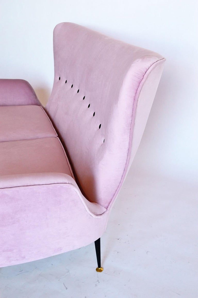Italian Midcentury Sofa or Settee with Brass and Lilac Pink Velvet
