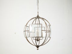Italian Midcentury Spherical Four-Light Iron Chandelier with Glass Panels
