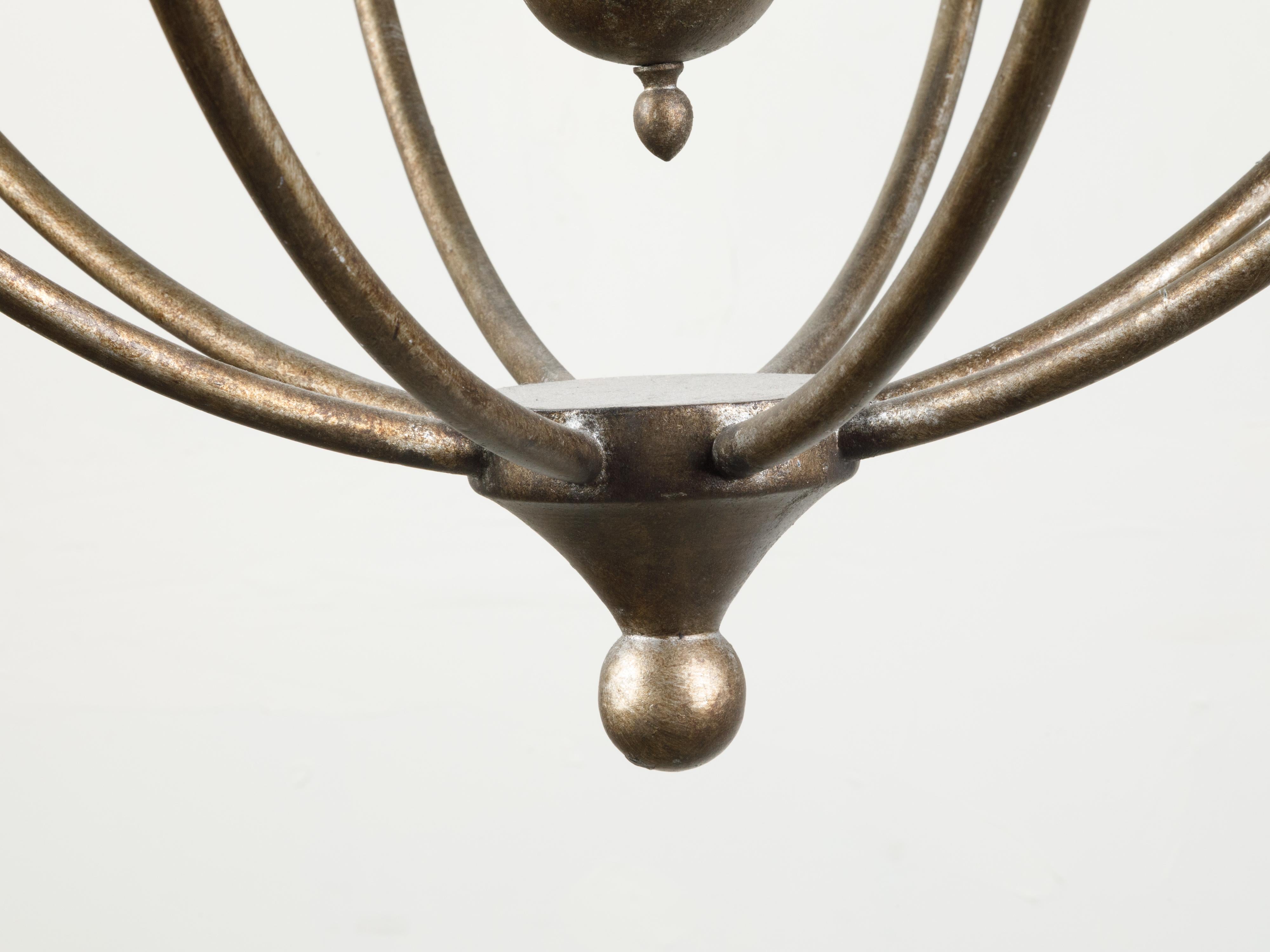 Mid-Century Modern Italian Midcentury Spherical Four-Light Iron Chandelier with Glass Panels