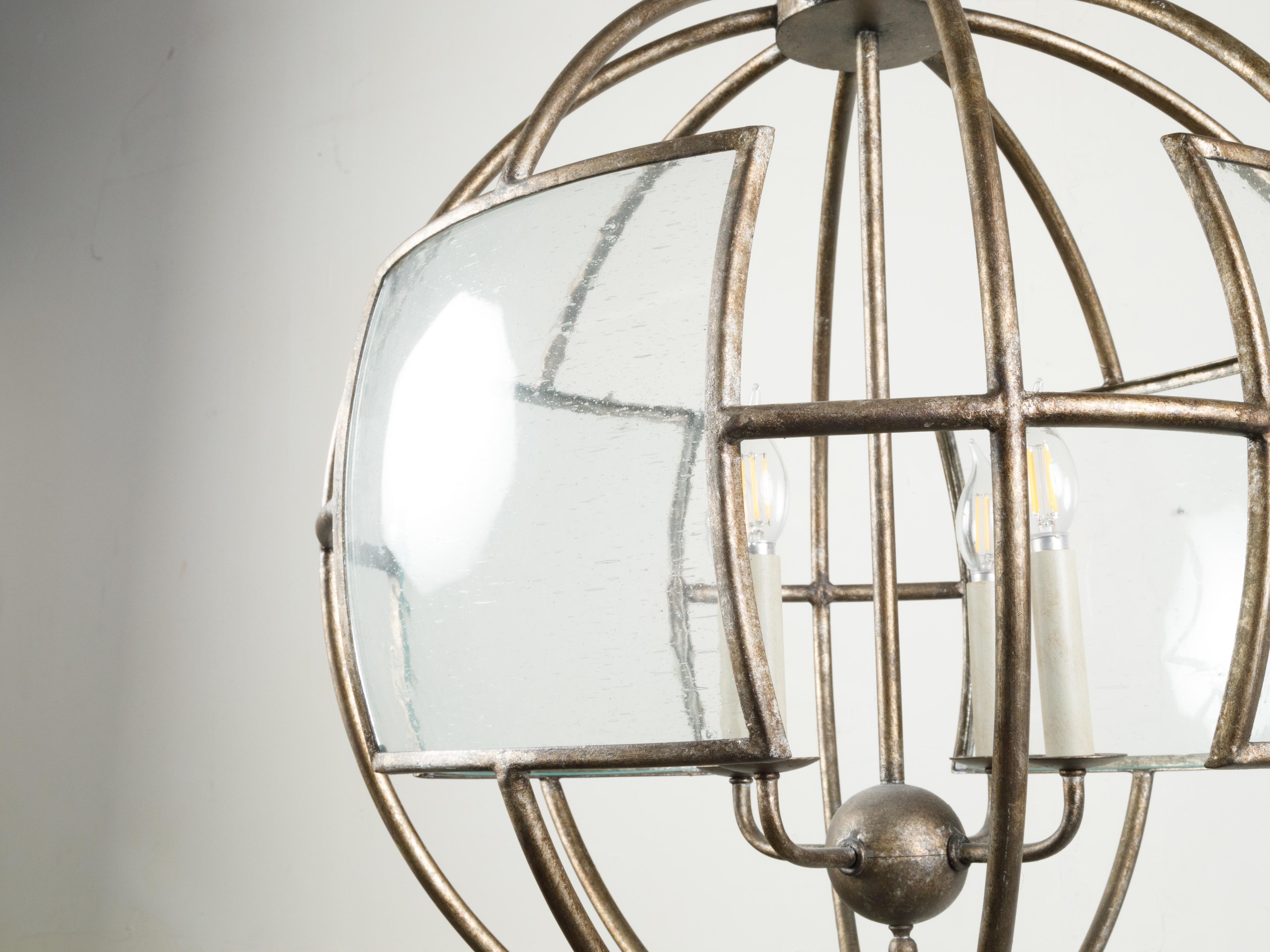 Italian Midcentury Spherical Four-Light Iron Chandelier with Glass Panels In Good Condition In Atlanta, GA