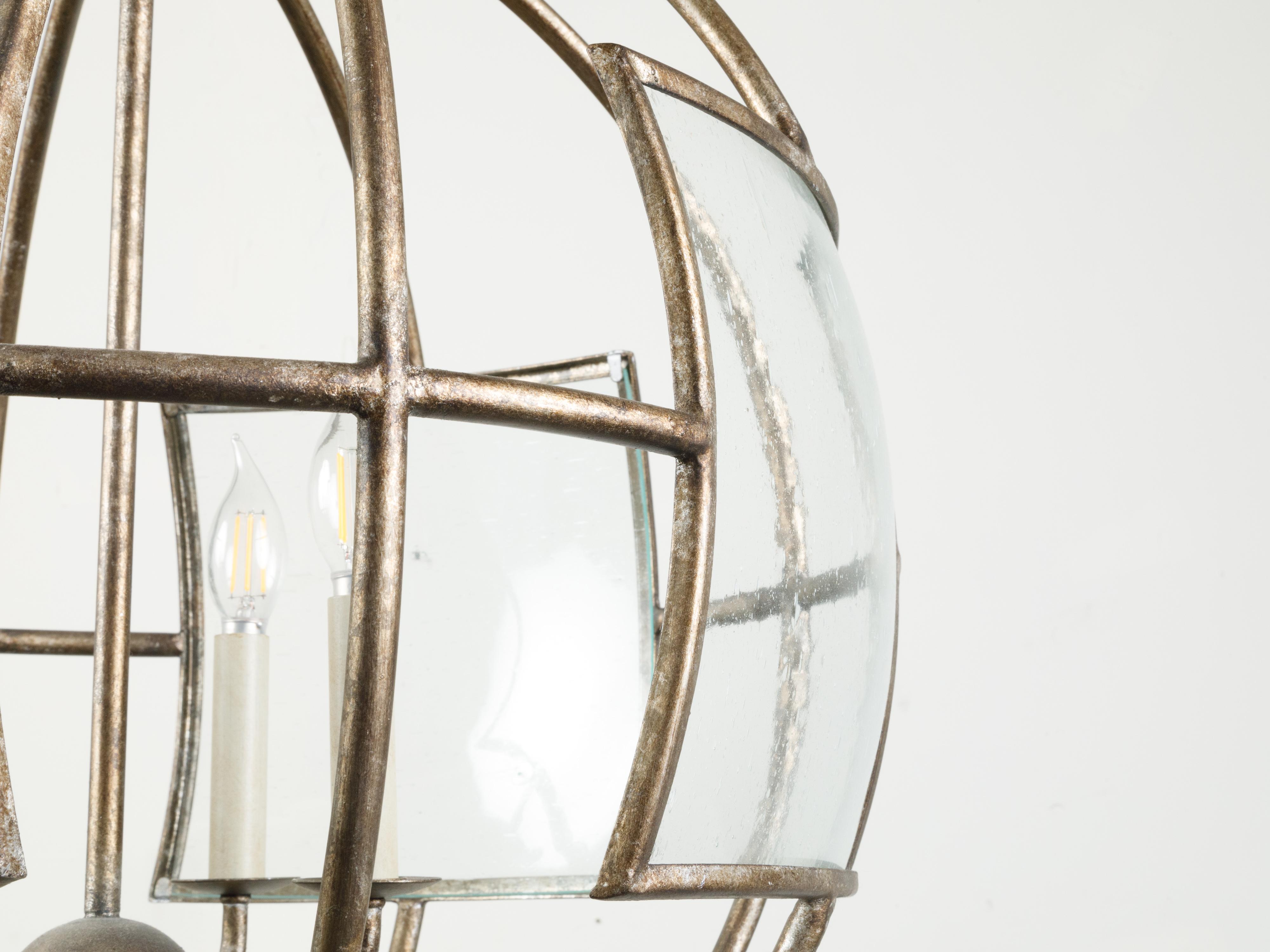 Italian Midcentury Spherical Four-Light Iron Chandelier with Glass Panels 1