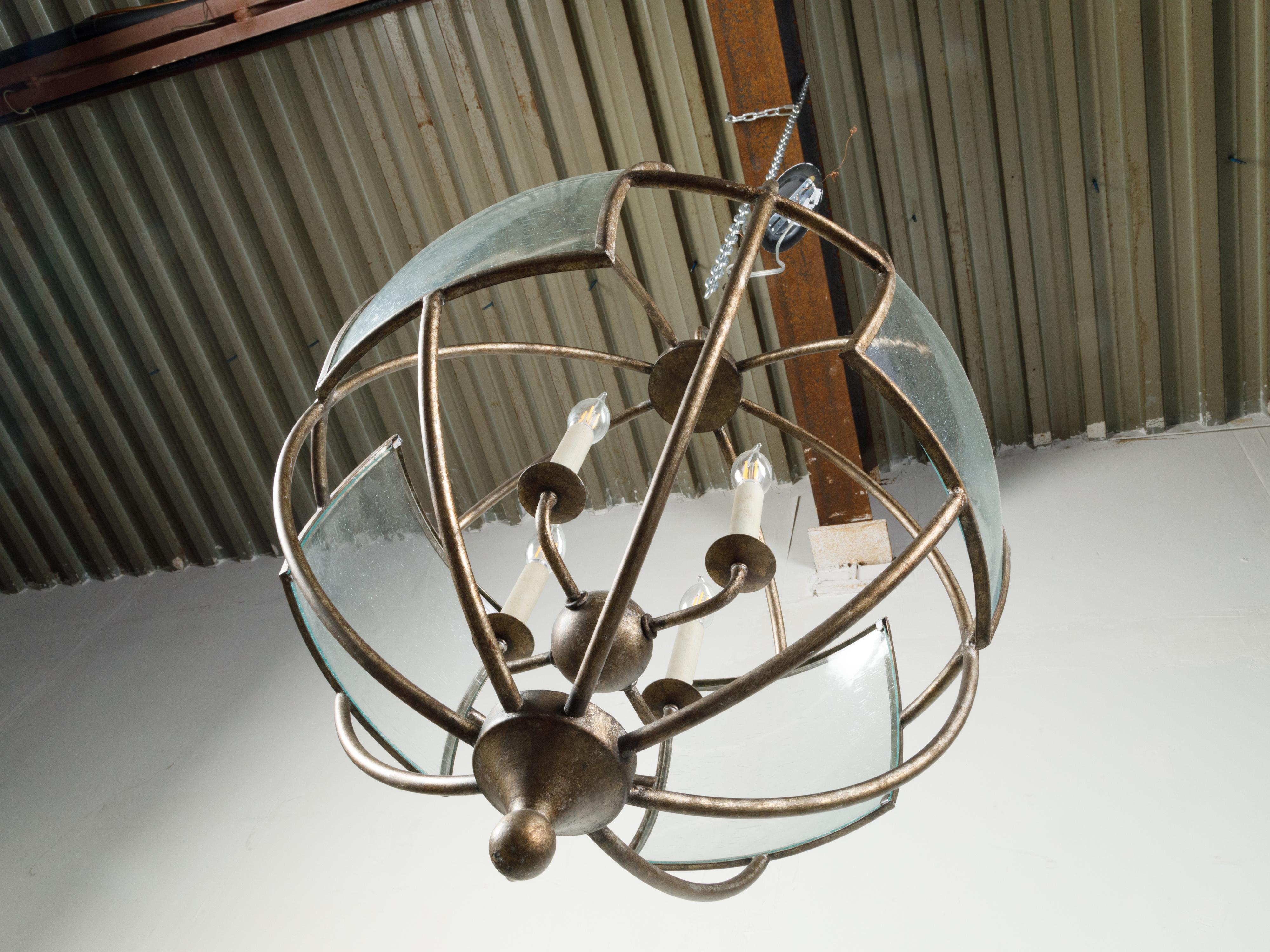 Italian Midcentury Spherical Four-Light Iron Chandelier with Glass Panels 2