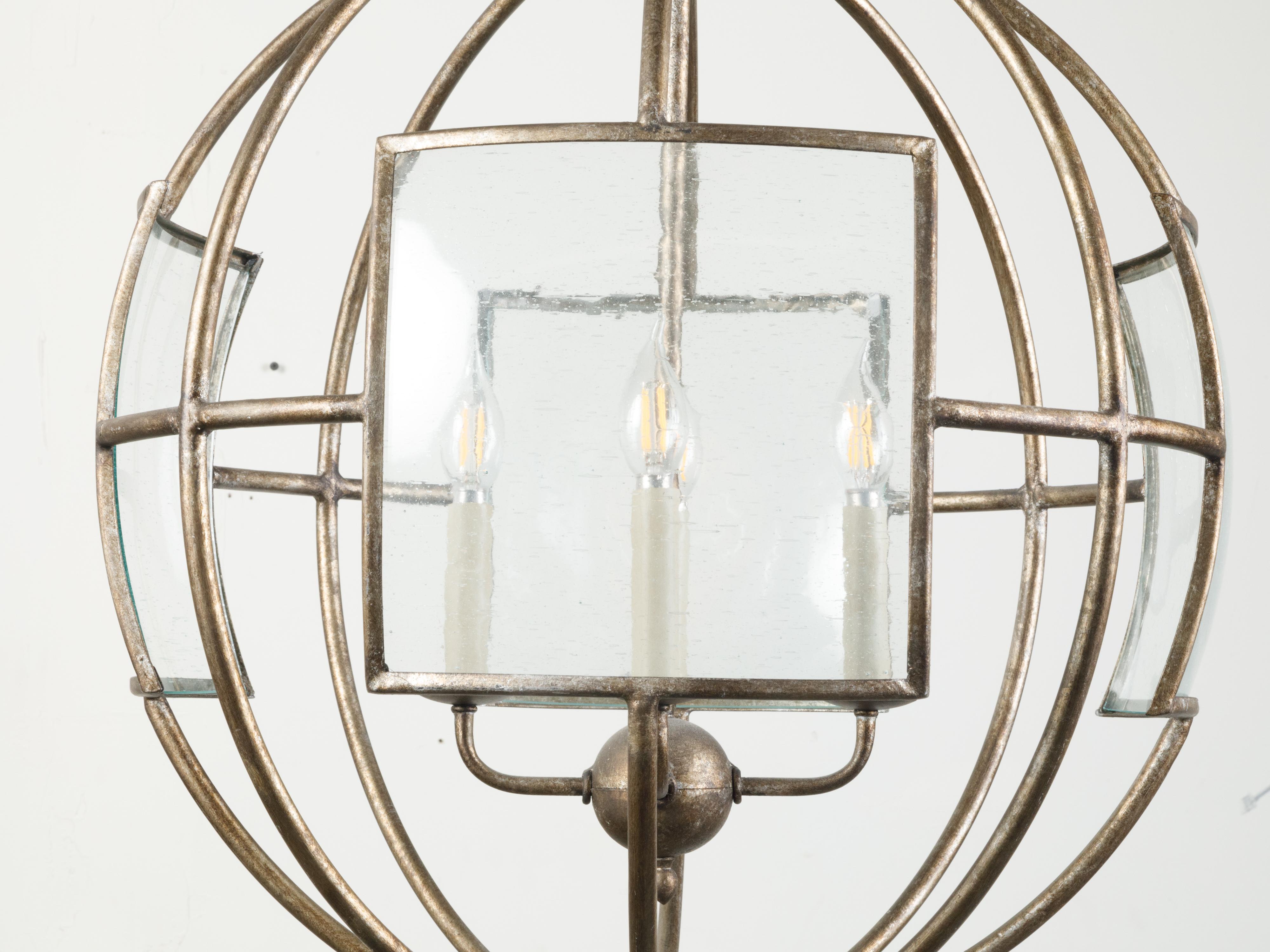 Italian Midcentury Spherical Four-Light Iron Chandelier with Glass Panels 3