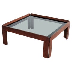 Table basse carrée italienne du milieu du siècle dernier en bois de hêtre et verre fumé, années 1960