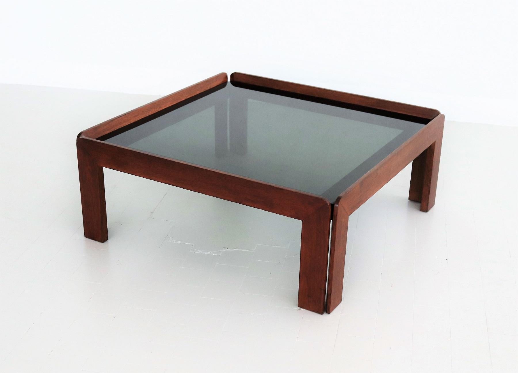 Mid-Century Modern Italian Midcentury Square Coffee Table in Beechwood and Smoked Glass, 1960s For Sale
