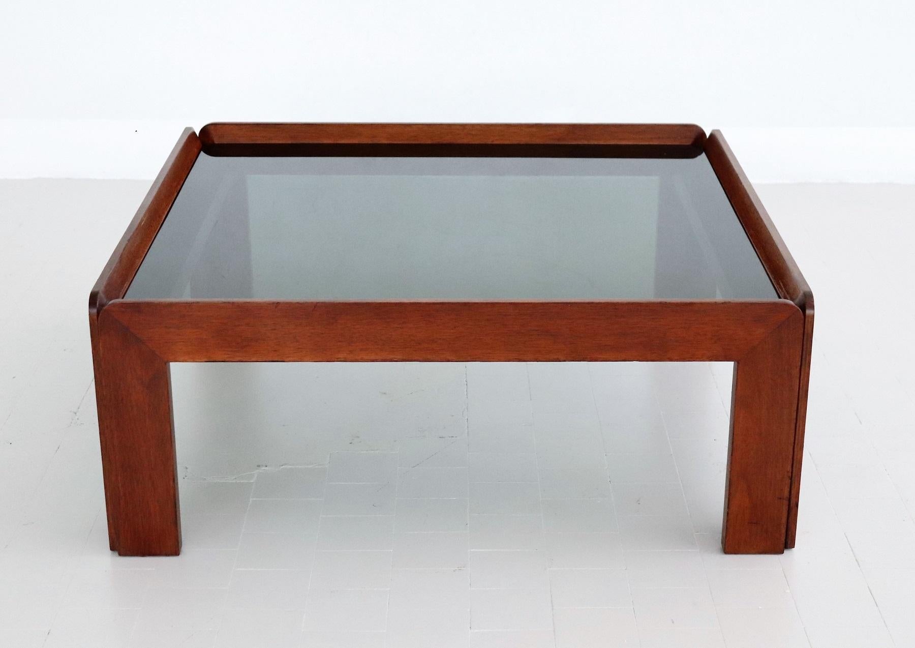 Stained Italian Midcentury Square Coffee Table in Beechwood and Smoked Glass, 1960s For Sale