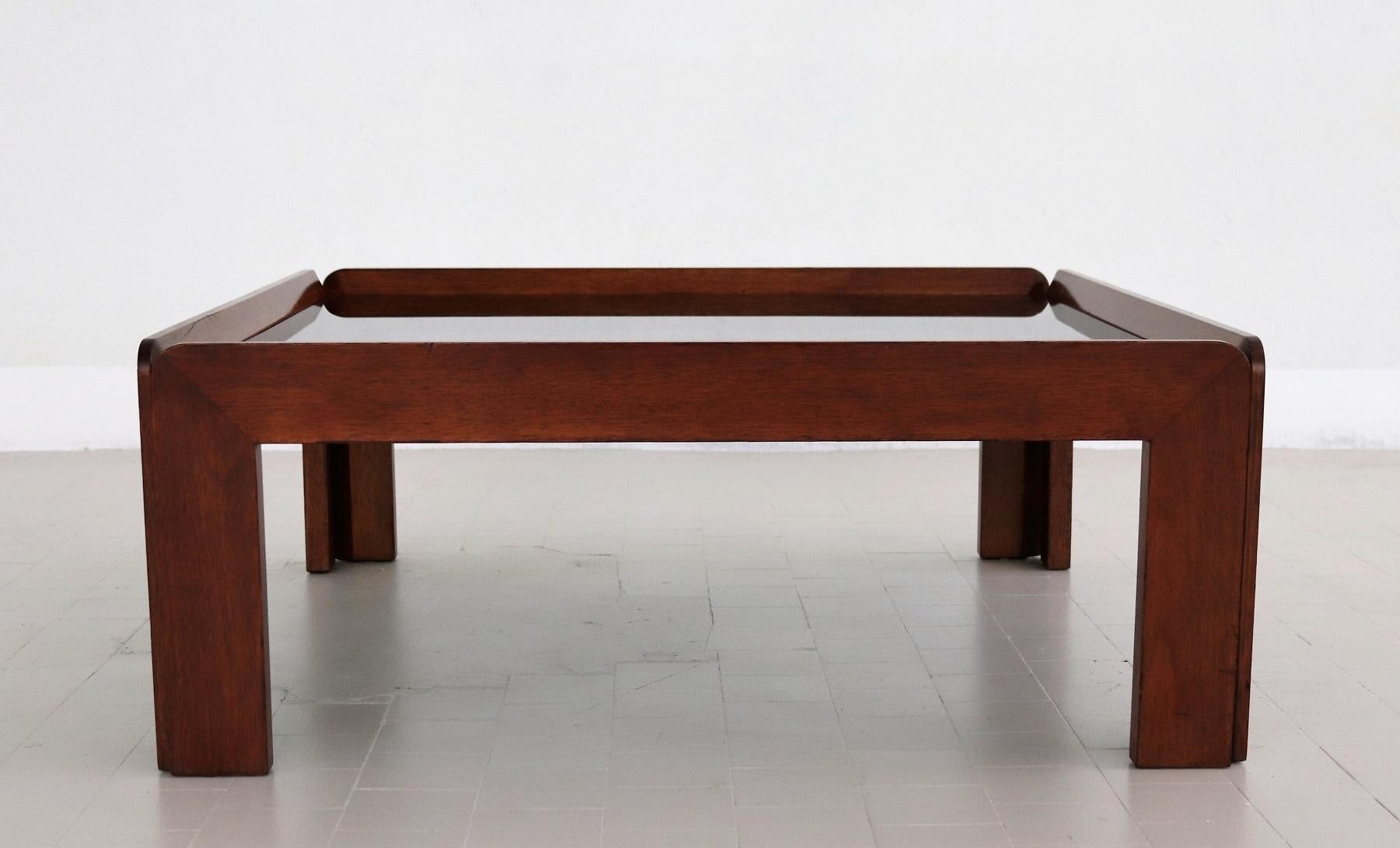 Mid-20th Century Italian Midcentury Square Coffee Table in Beechwood and Smoked Glass, 1960s For Sale