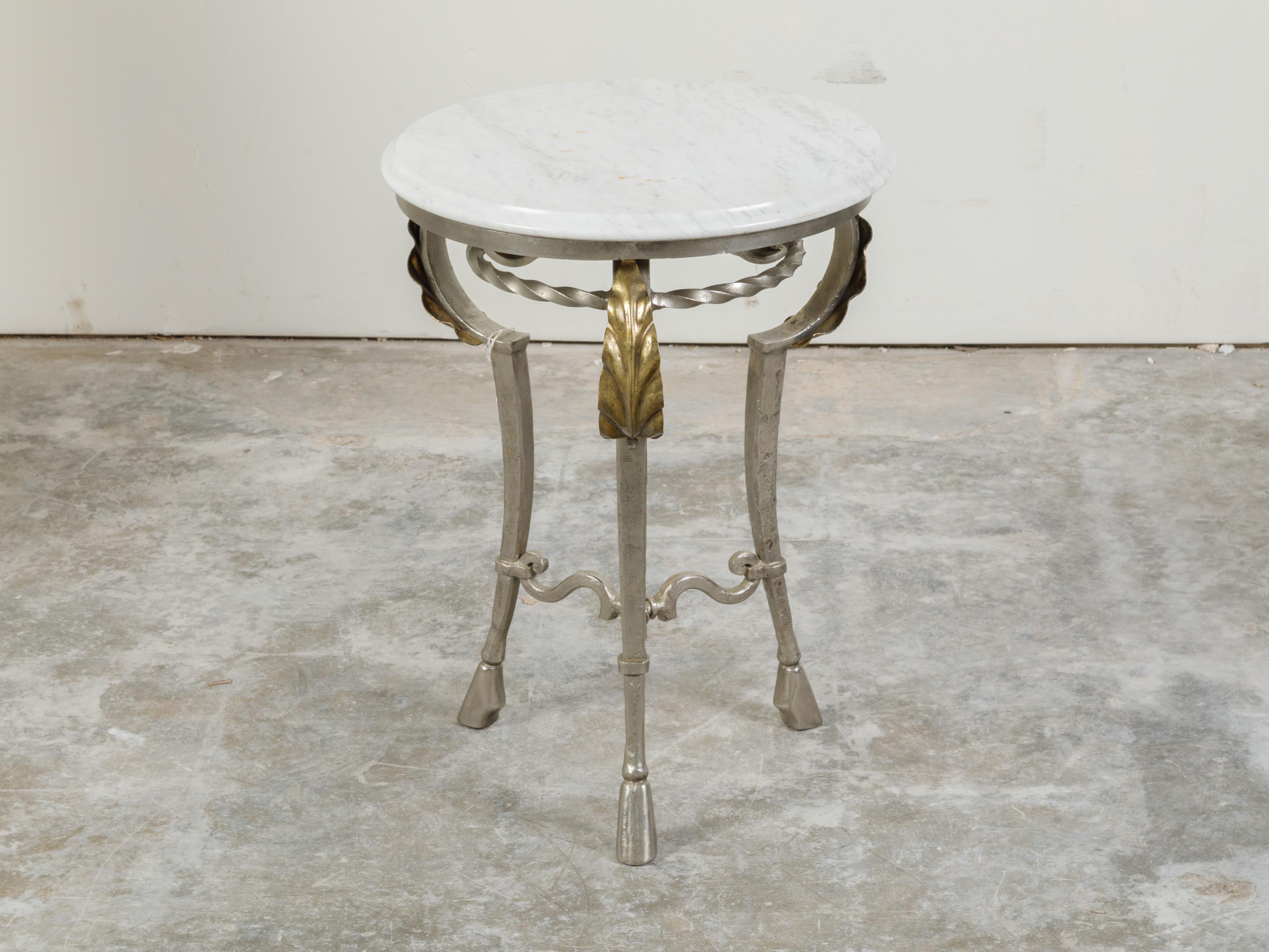 Gilt Italian Midcentury Steel Side Table with Circular White Marble Top and Hoof Feet For Sale