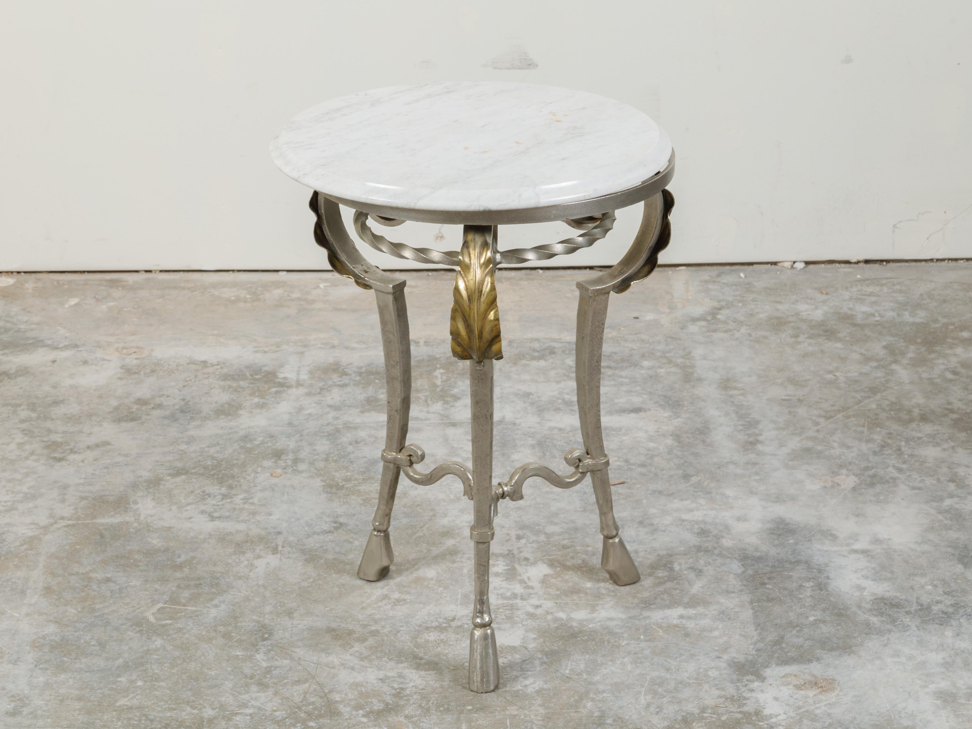 Italian Midcentury Steel Side Table with Circular White Marble Top and Hoof Feet In Good Condition For Sale In Atlanta, GA