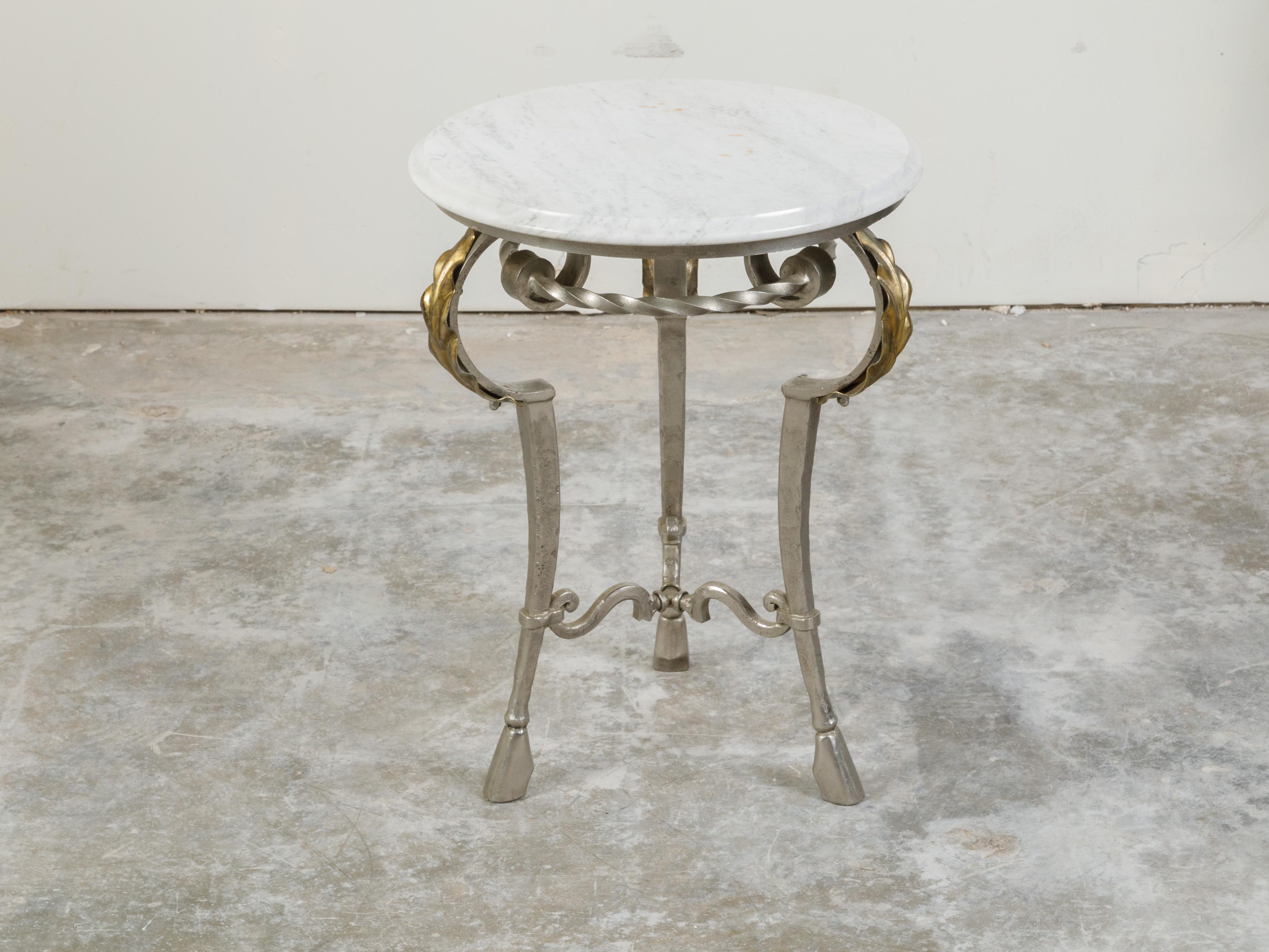 20th Century Italian Midcentury Steel Side Table with Circular White Marble Top and Hoof Feet For Sale
