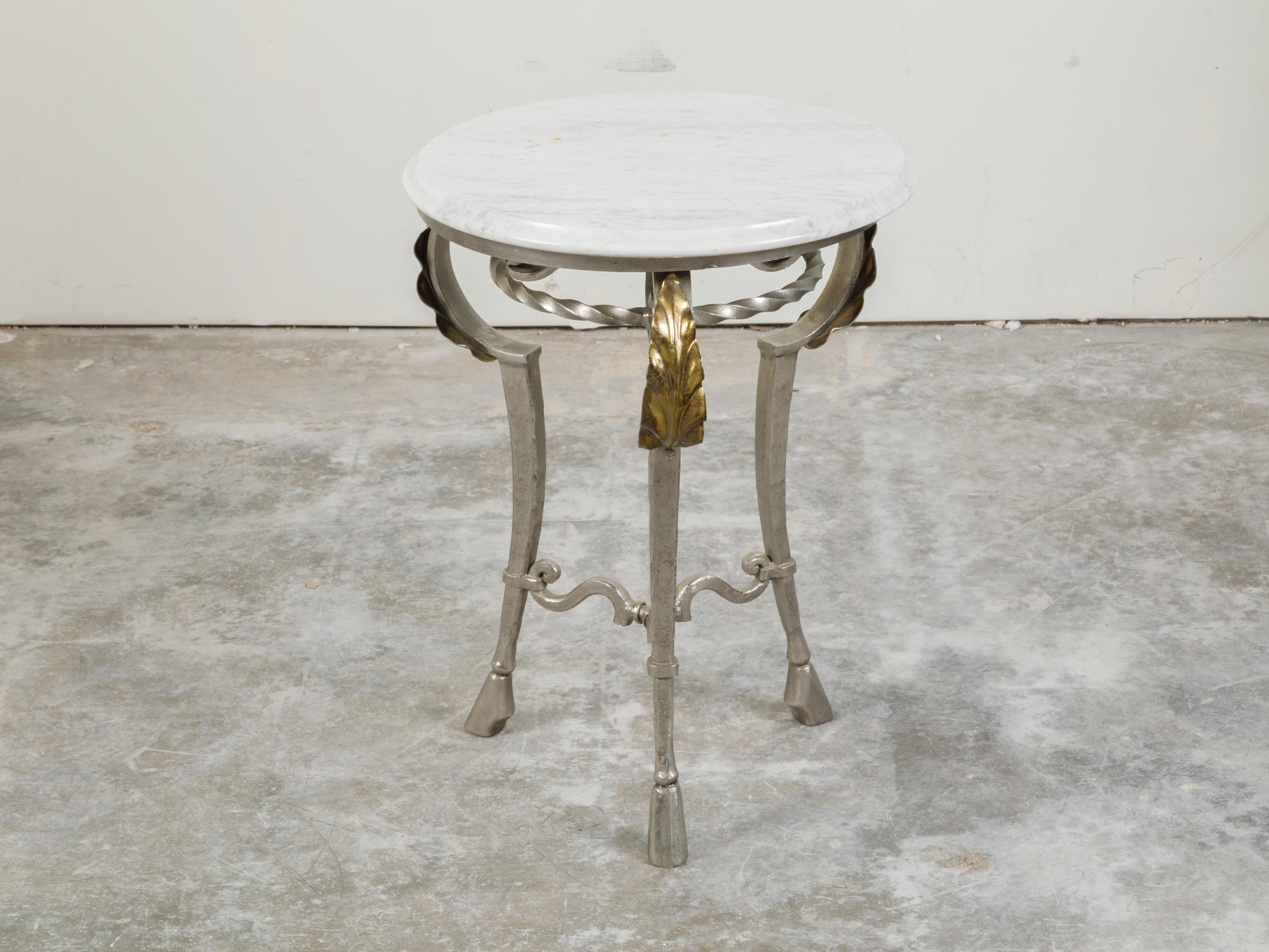 Italian Midcentury Steel Side Table with Circular White Marble Top and Hoof Feet For Sale 1