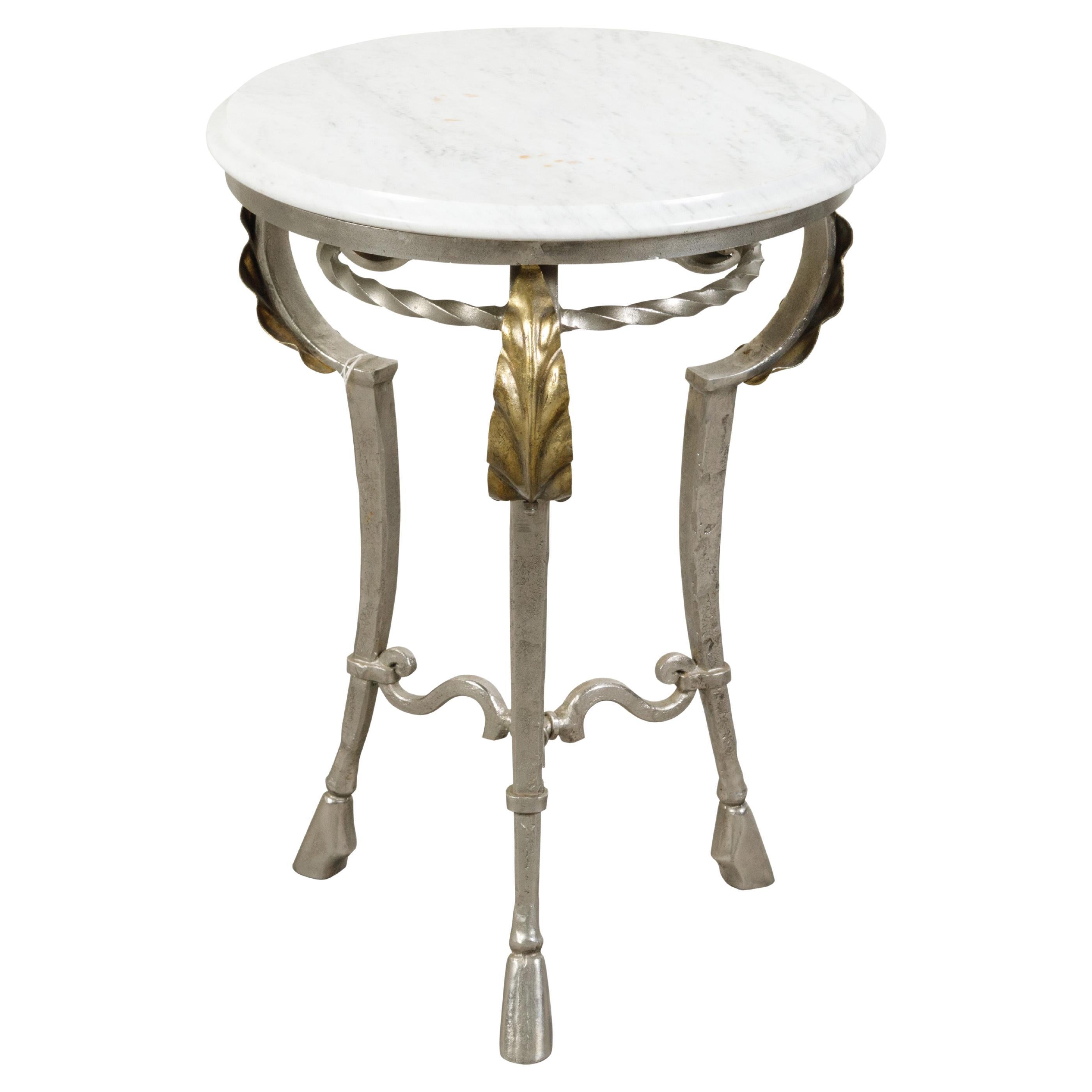 Italian Midcentury Steel Side Table with Circular White Marble Top and Hoof Feet For Sale
