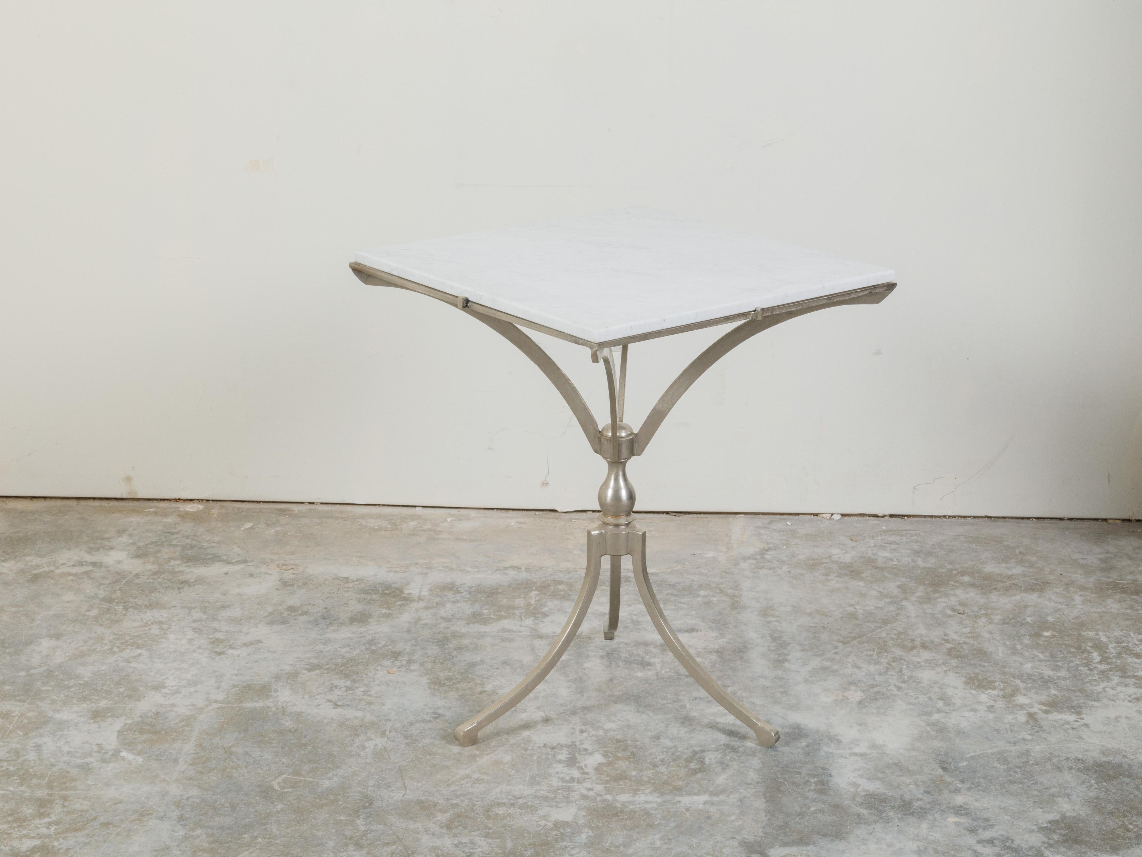 Italian Midcentury Steel Table with White Marble Top and Tripod Base In Good Condition For Sale In Atlanta, GA