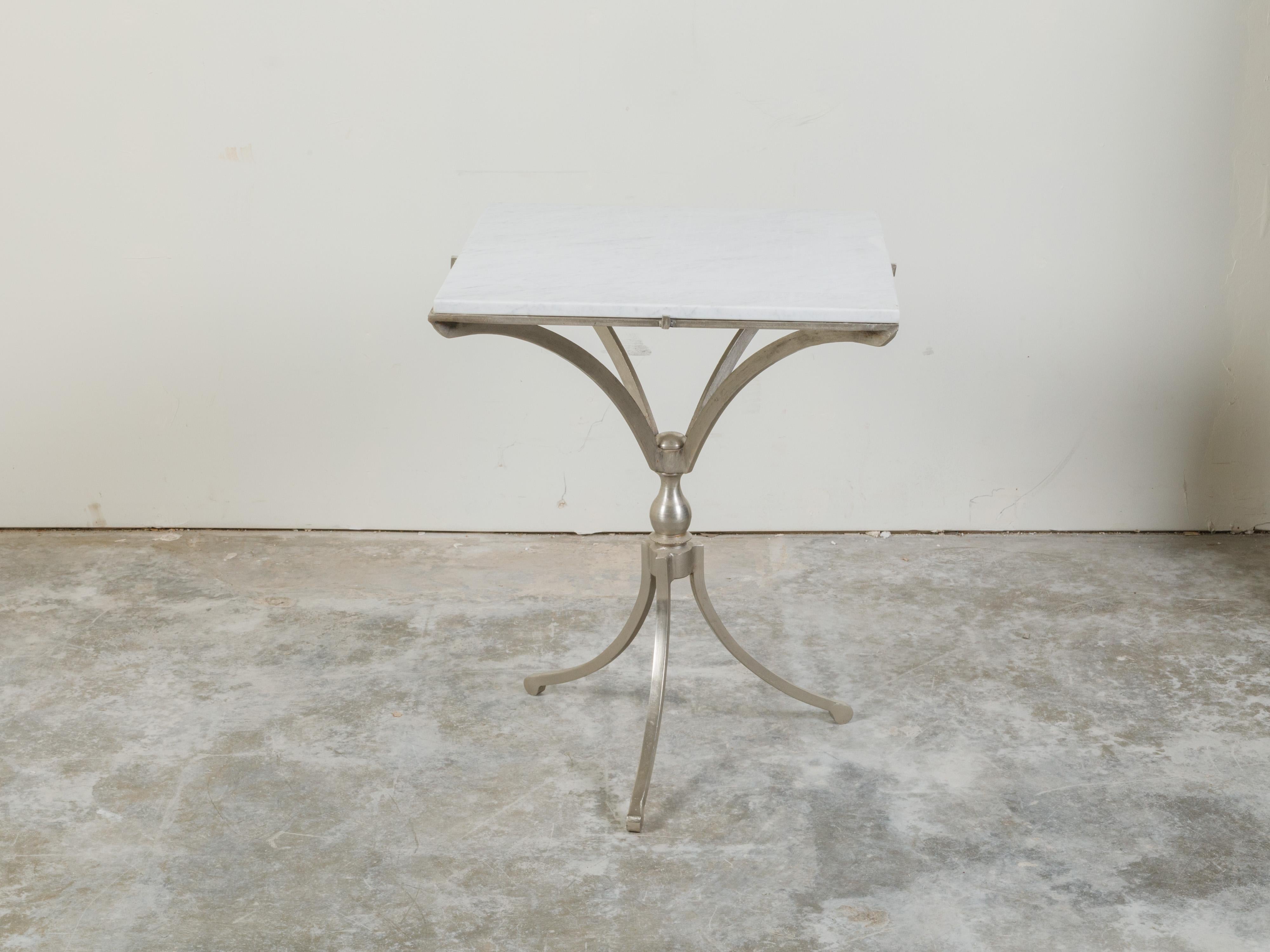 20th Century Italian Midcentury Steel Table with White Marble Top and Tripod Base For Sale