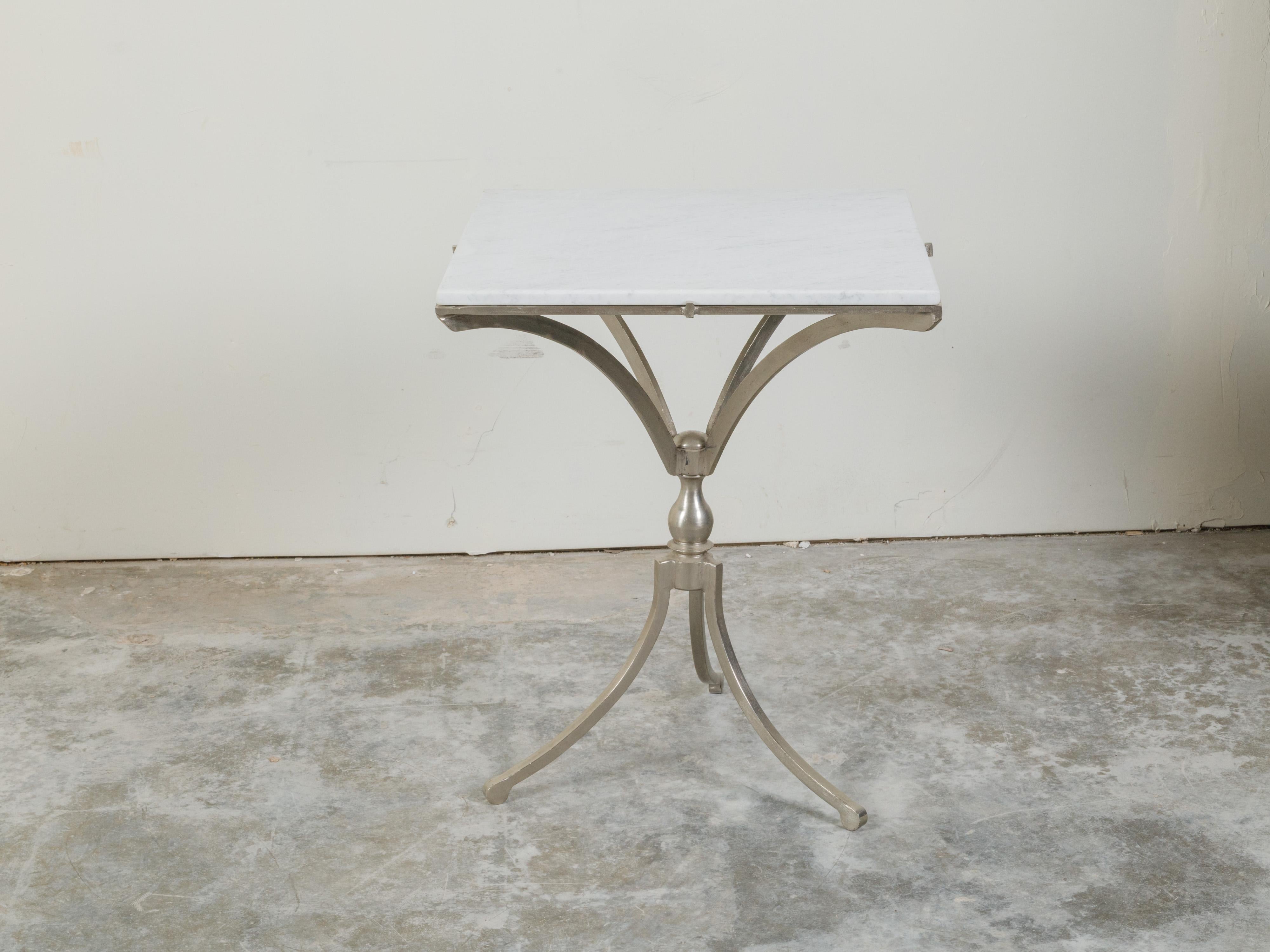 Italian Midcentury Steel Table with White Marble Top and Tripod Base For Sale 3