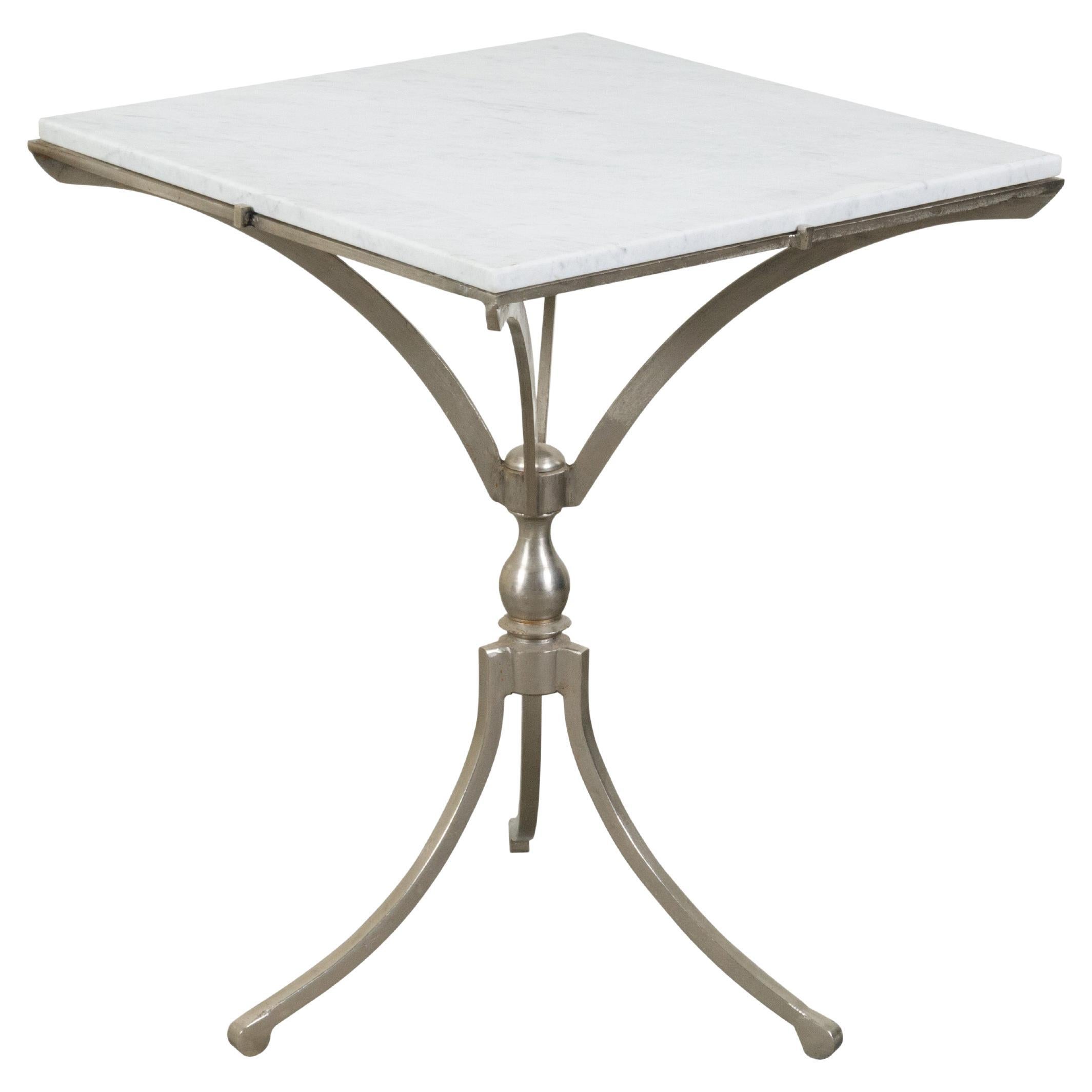 Italian Midcentury Steel Table with White Marble Top and Tripod Base For Sale
