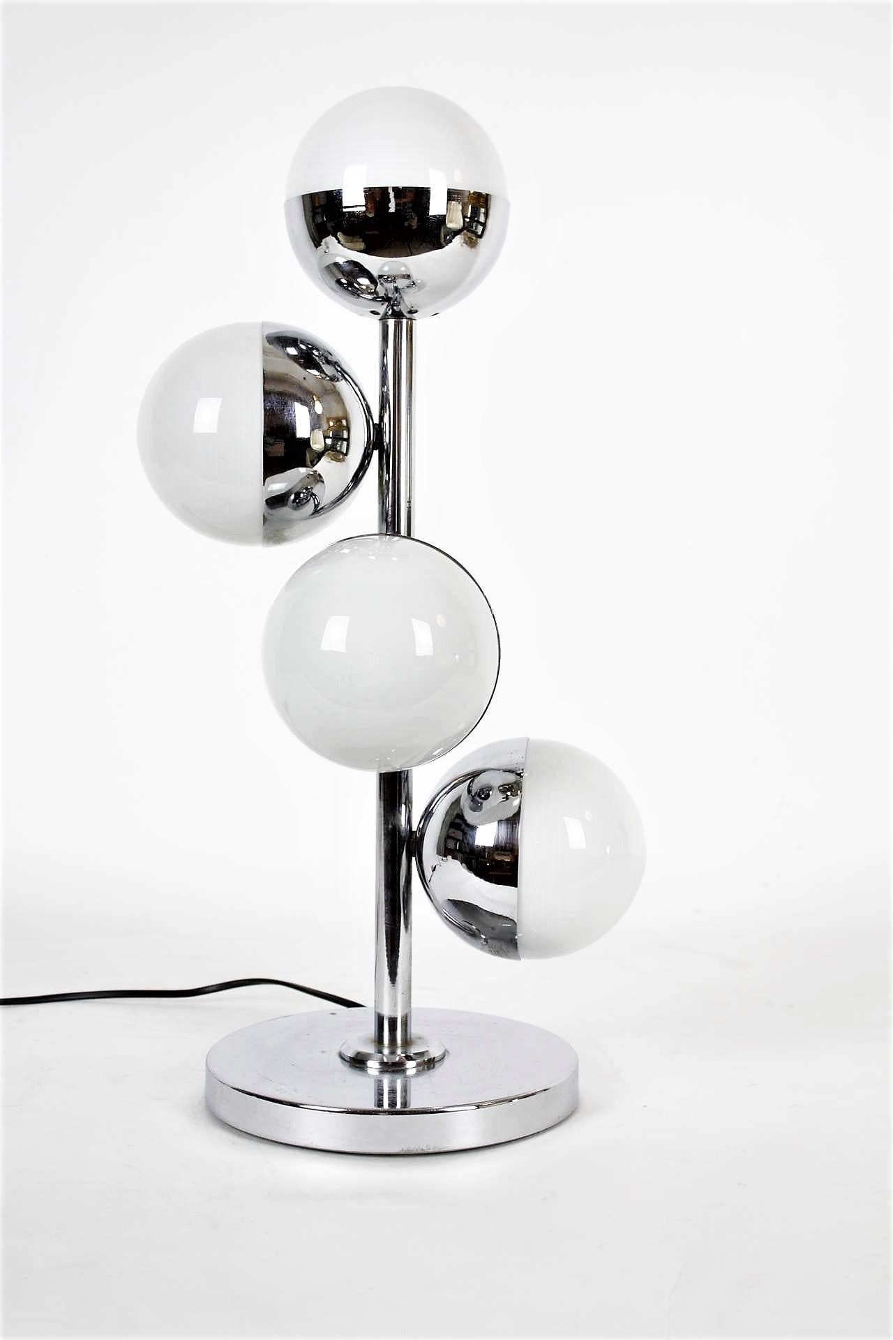 Italian Modernist Stilnovo Style Chrome Table Lamp with Opaline Glass Globes 1