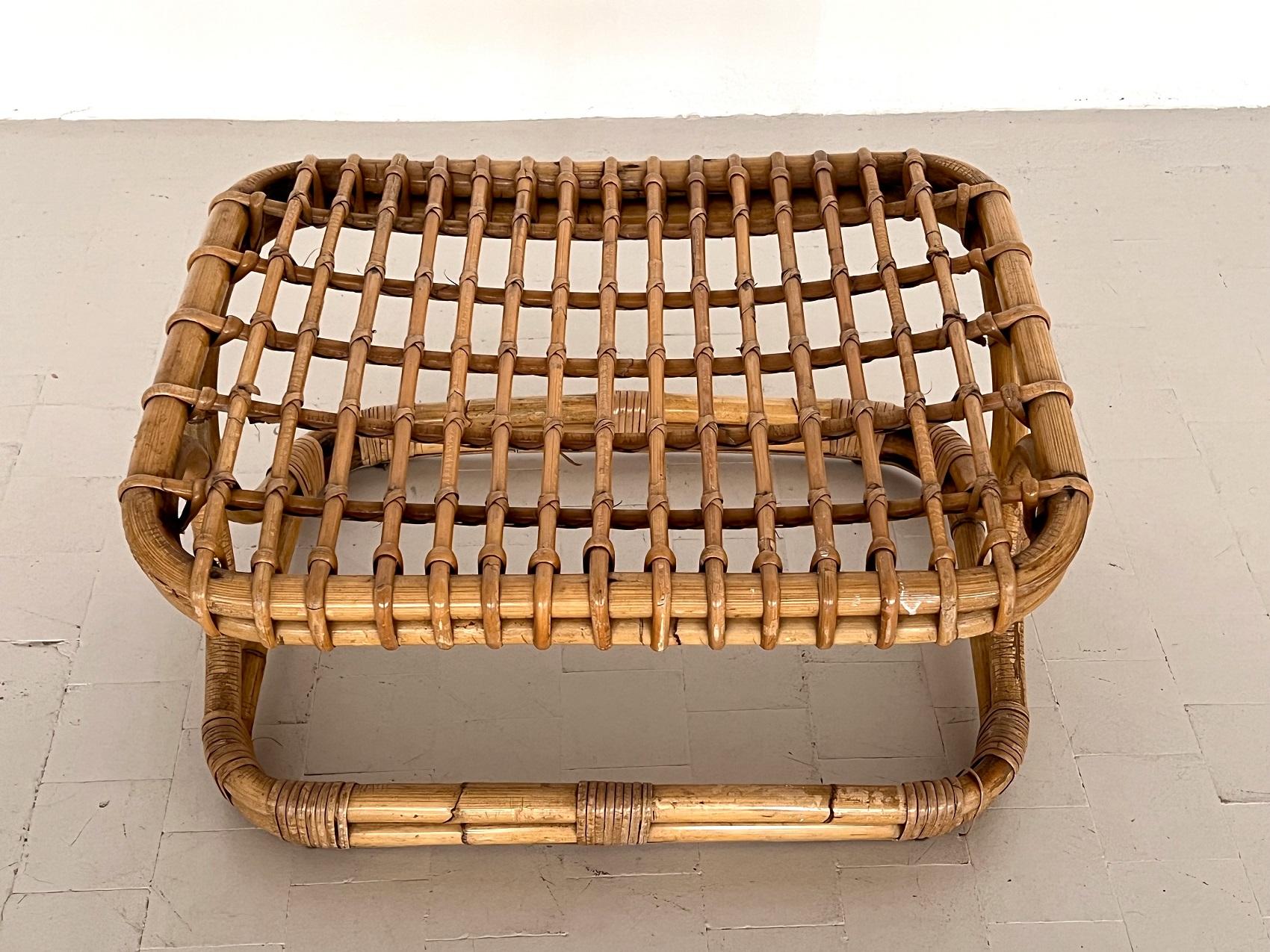 Hand-Crafted Italian Midcentury Stool in Bamboo Rattan by Tito Agnoli, 1960s For Sale