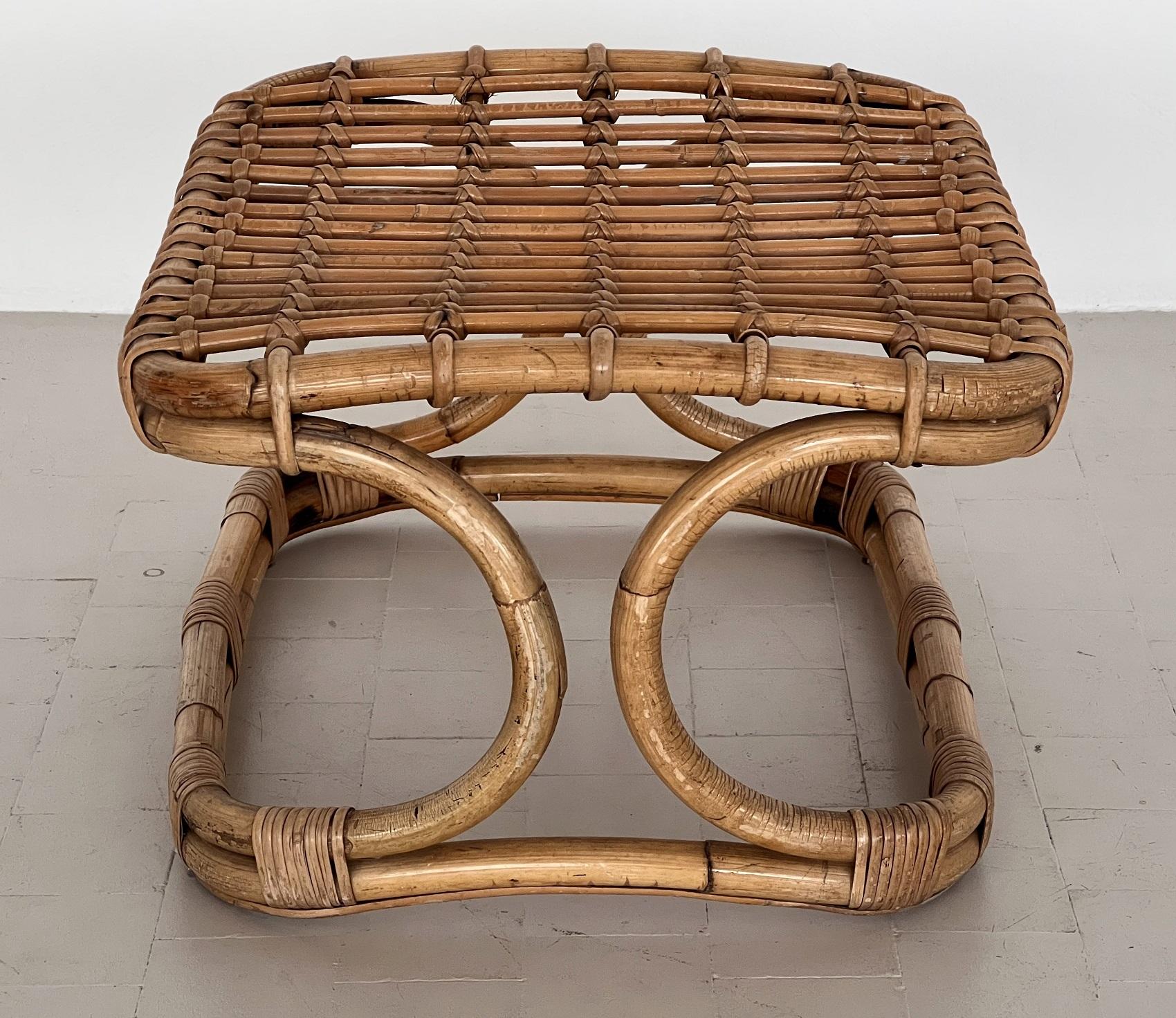Mid-20th Century Italian Midcentury Stool in Bamboo Rattan by Tito Agnoli, 1960s For Sale