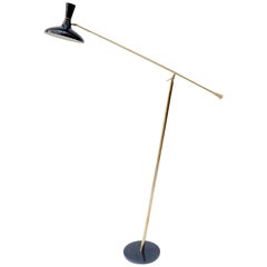 Italian Midcentury Style Adjustable Brass Floor Lamp with Black Shade