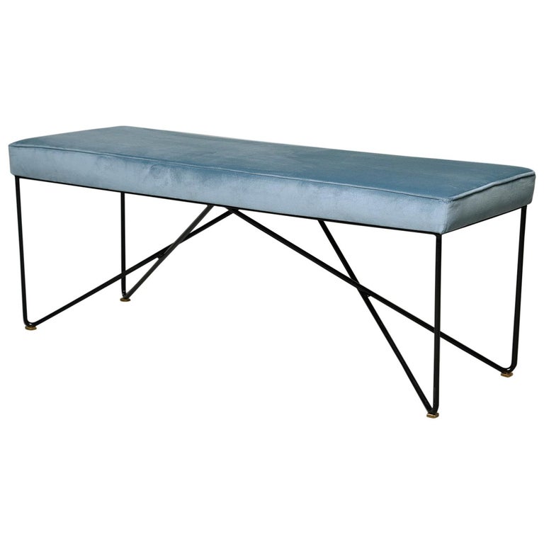 Italian Midcentury Style Bench With Blue Velvet Upholstery