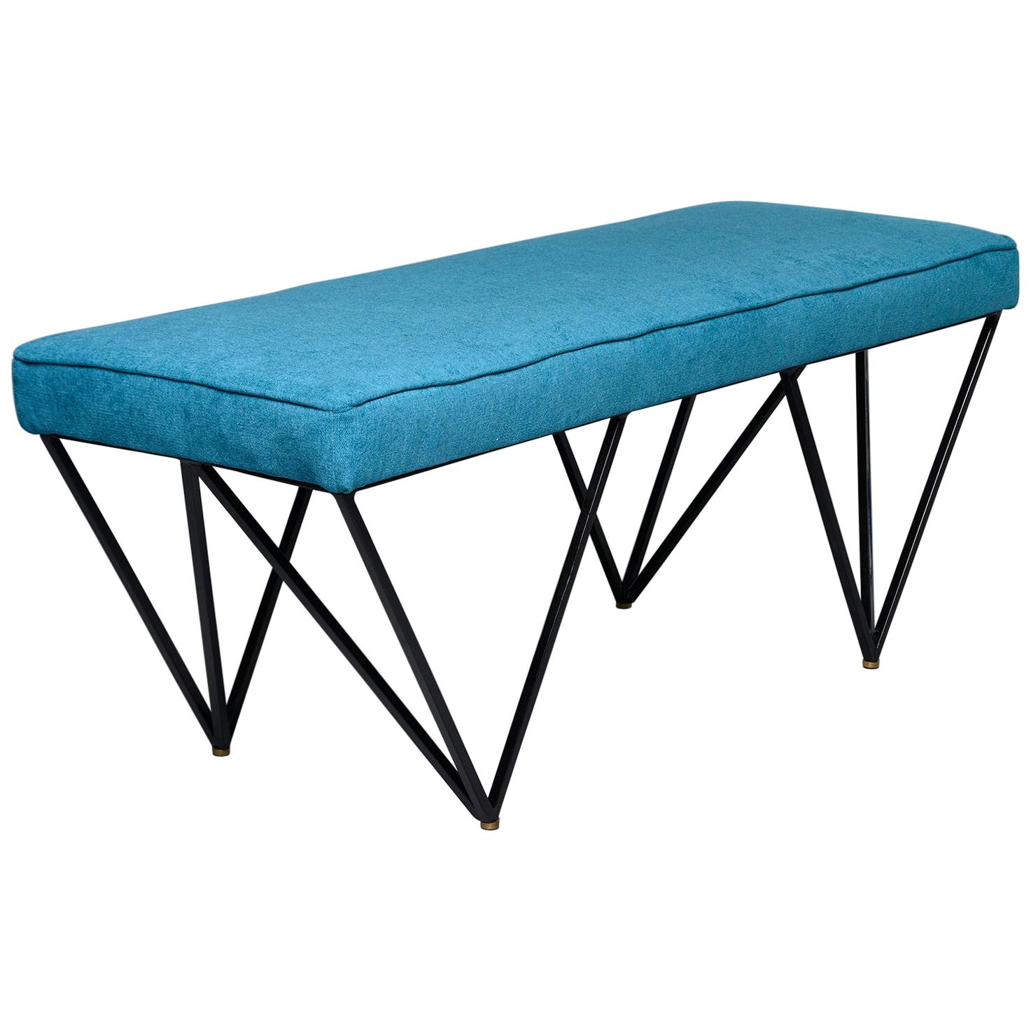 Italian Midcentury Style Bench with Teal Fabric and Black Metal Legs