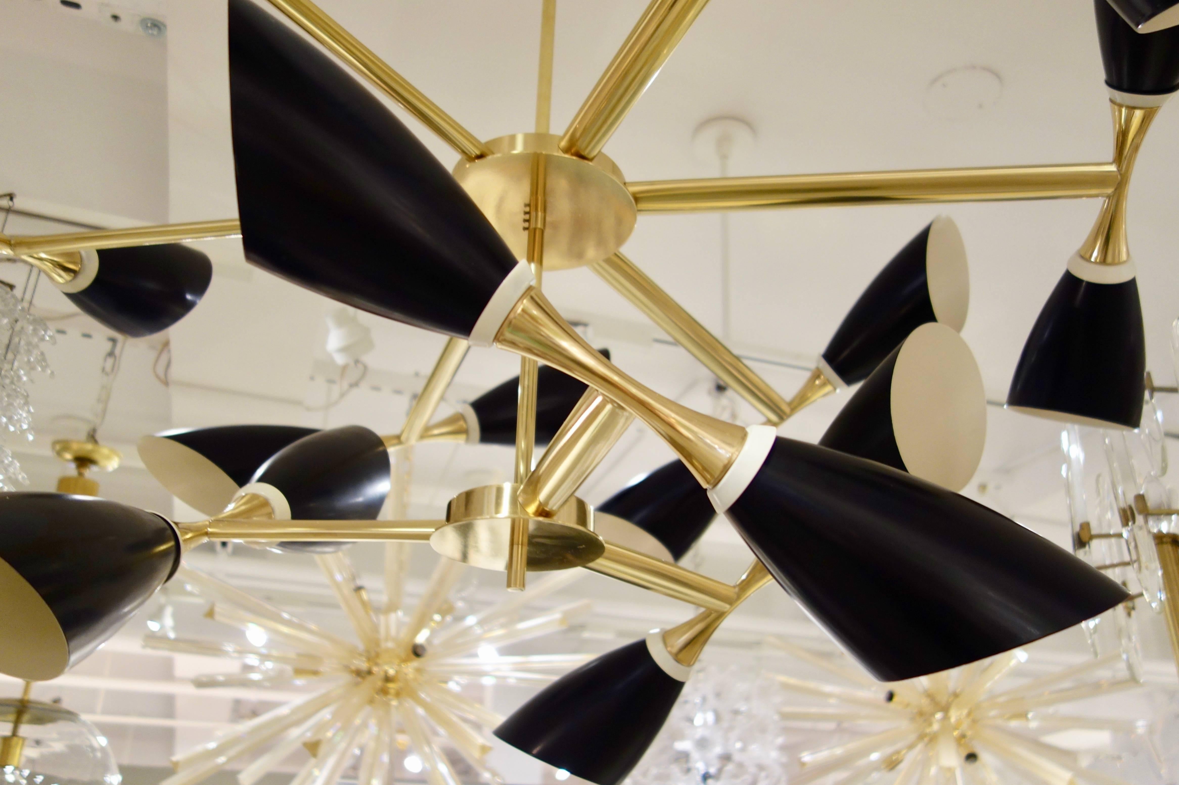 Post-Modern Italian Midcentury Style Black Cone and Solid Brass Studio Made Chandelier