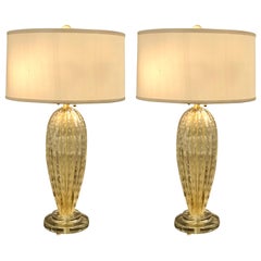 Italian Midcentury Style Clear & Gold Murano / Venetian Glass Table Lamps, Pair