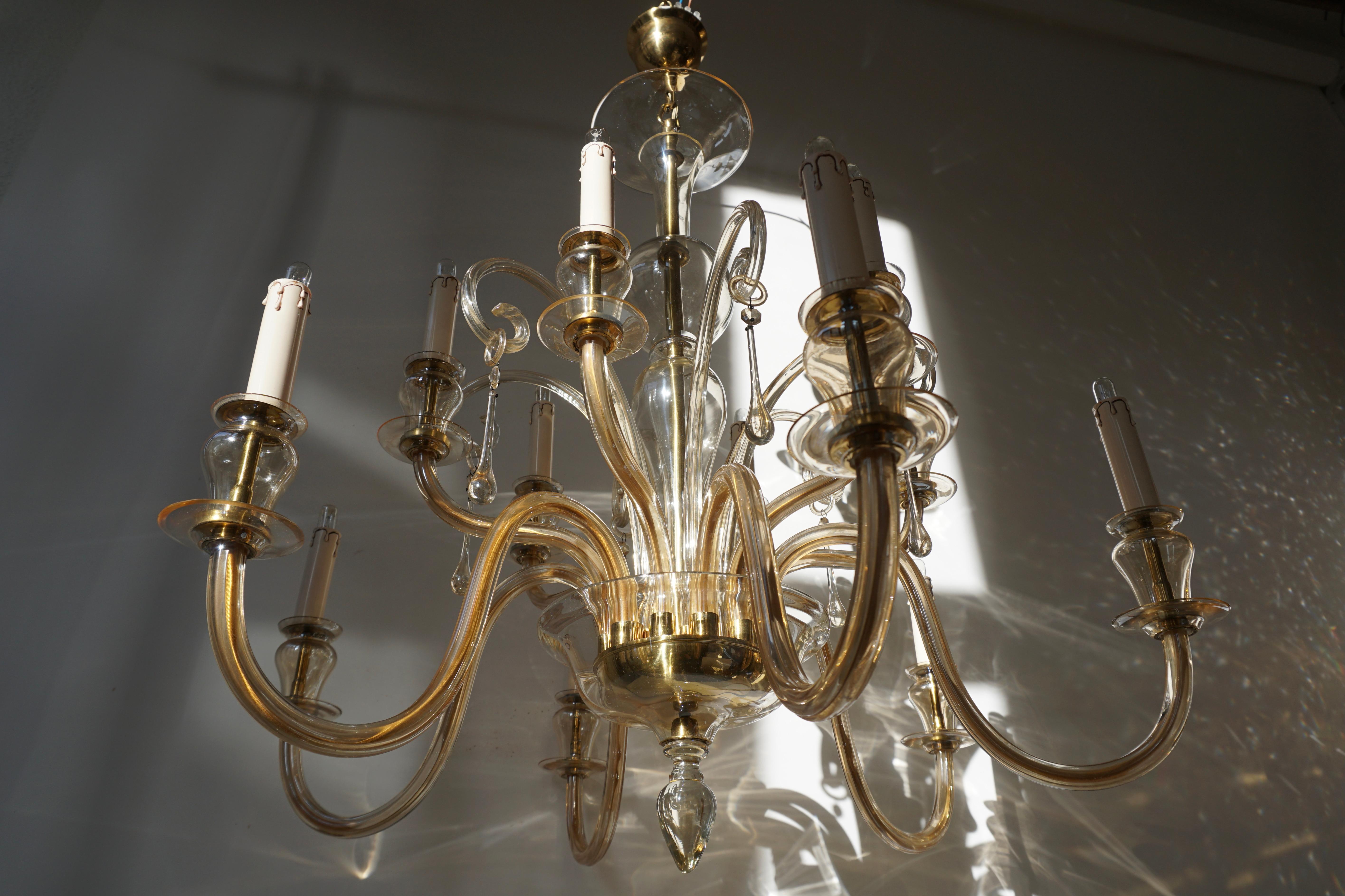 Brass Italian Midcentury Style Hand Blown Murano Venetian Glass Chandelier For Sale