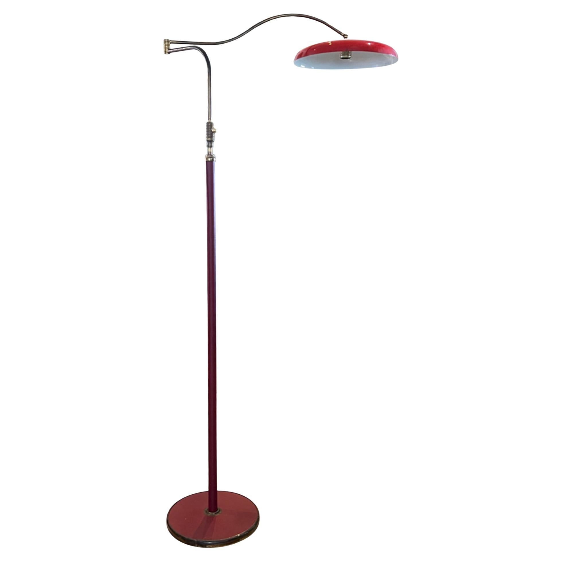 Italian Midcentury Swing Arm Red Floor Lamp For Sale