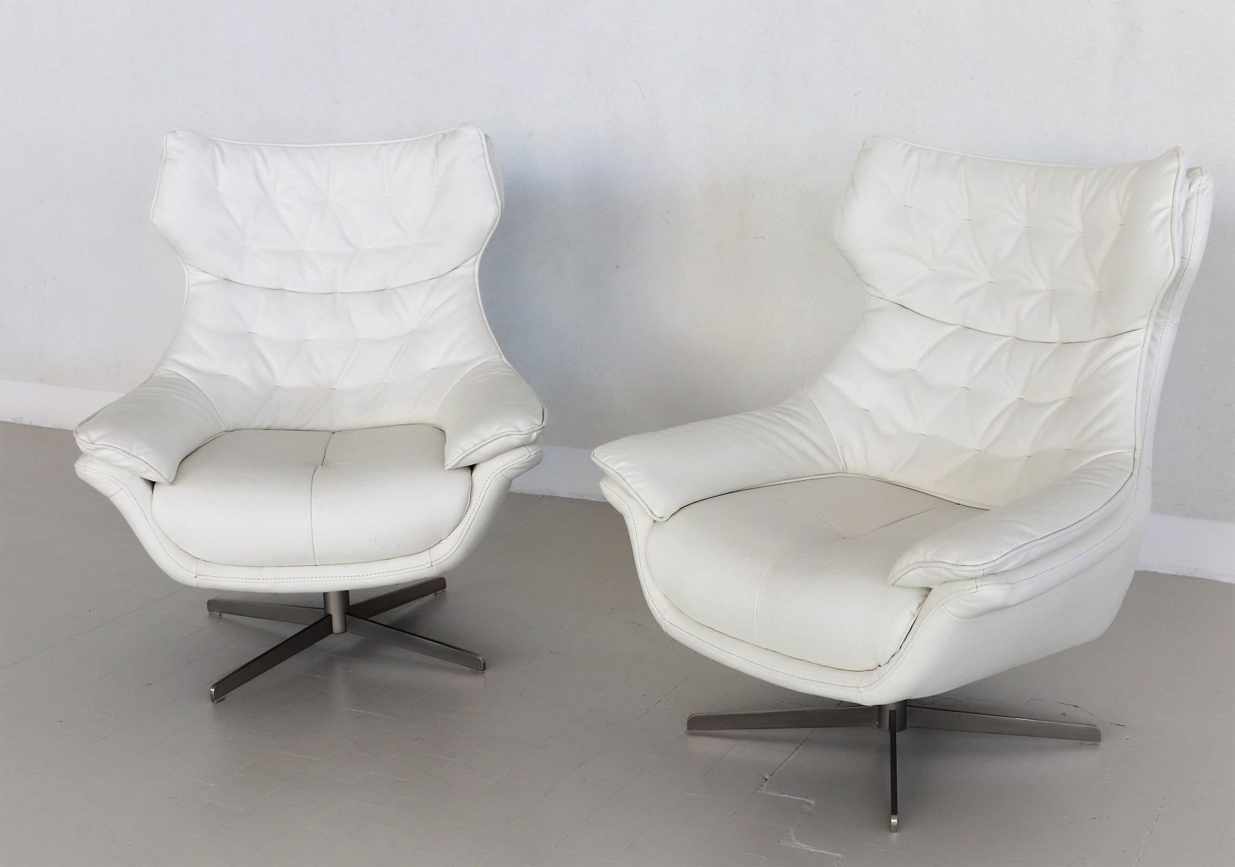 Italian Midcentury Swivel Armchairs in White Leather, 1980s For Sale 14