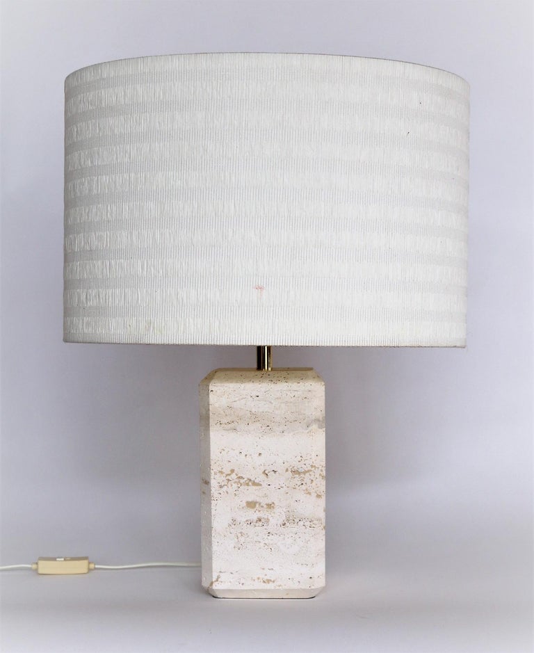 Italian Midcentury Table Lamp in Travertine Marble with Original Lampshade 1970s For Sale 3