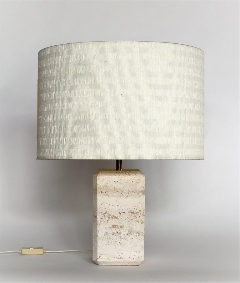 Italian Midcentury Table Lamp in Travertine Marble with Original Lampshade 1970s For Sale 5