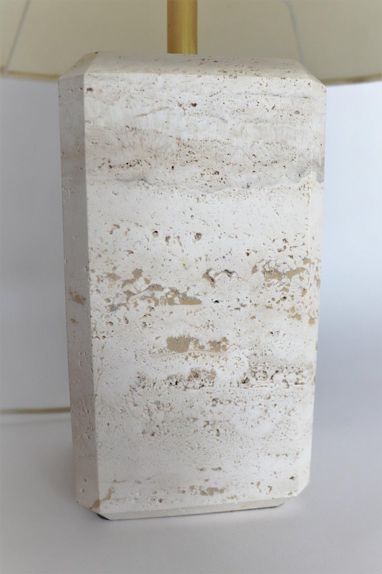 Polished Italian Midcentury Table Lamp in Travertine Marble with Original Lampshade 1970s For Sale