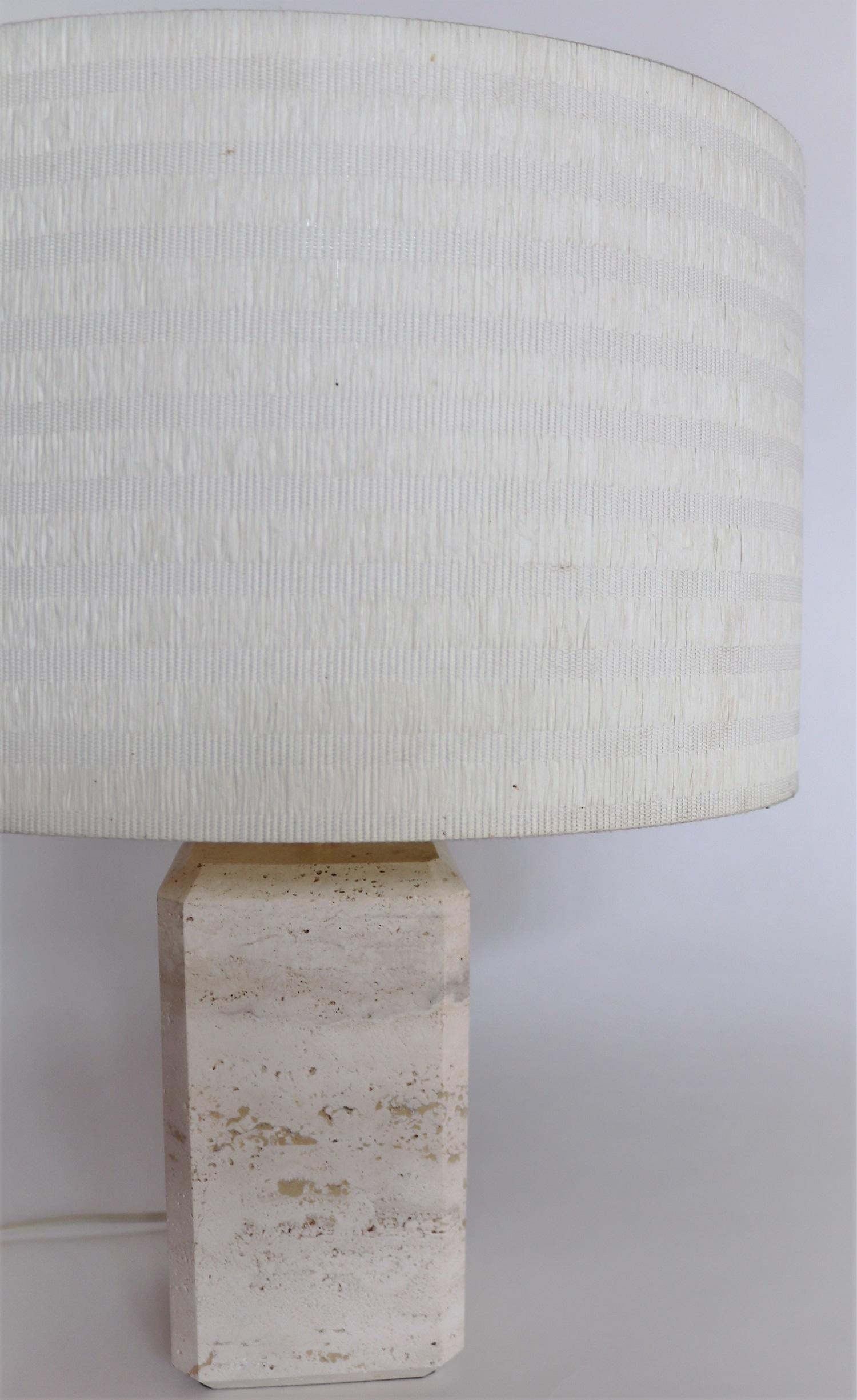 Brass Italian Midcentury Table Lamp in Travertine Marble with Original Lampshade 1970s For Sale