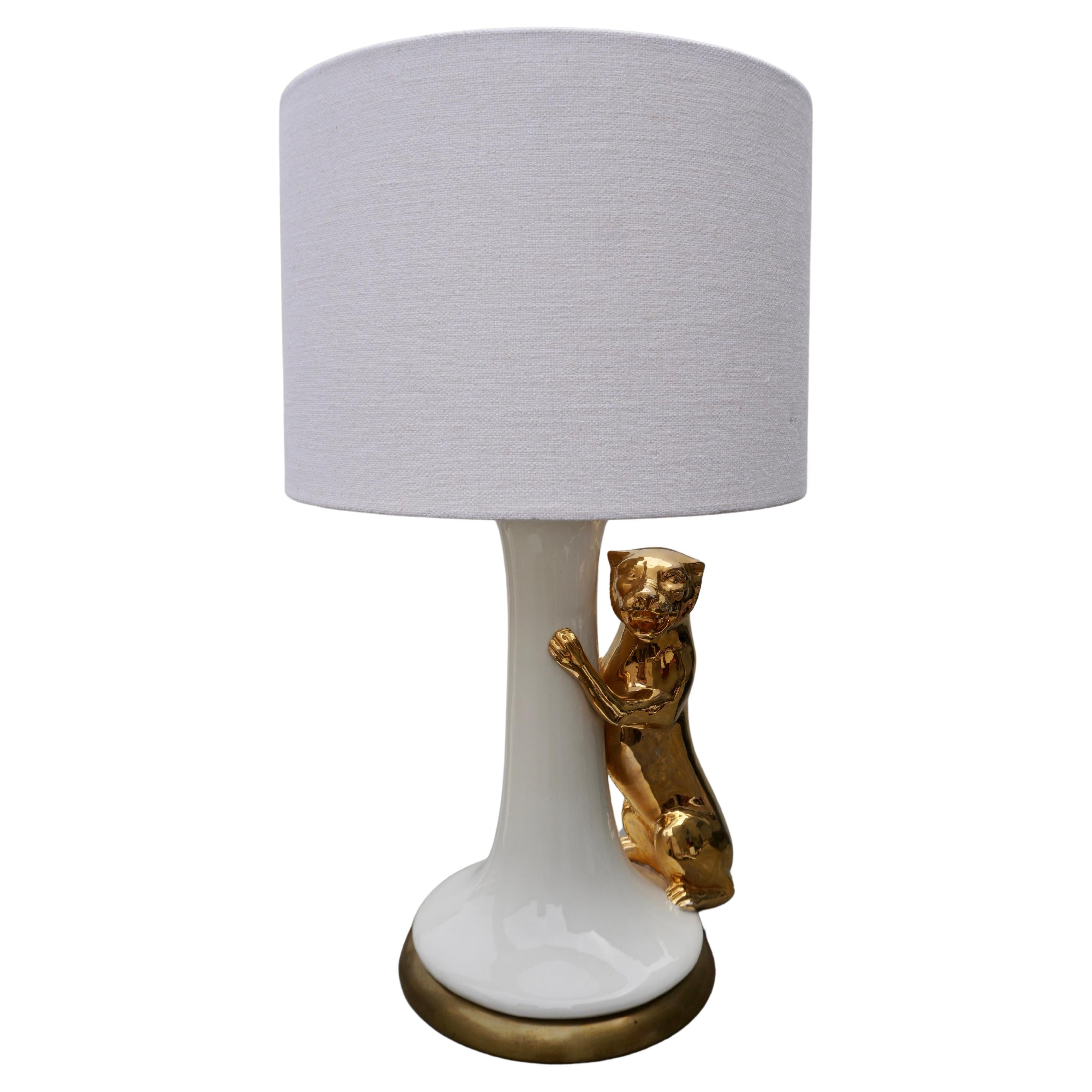Italian Midcentury Table Lamp with Ceramic Gilt Panther, 1970s For Sale