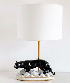 Lampe de bureau italienne du milieu du siècle dernier avec panthère en céramique et abat-jour personnalisé, 1970