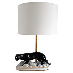 Italian Midcentury Table Lamp with Ceramic Panther and Custom Lampshade, 1970s