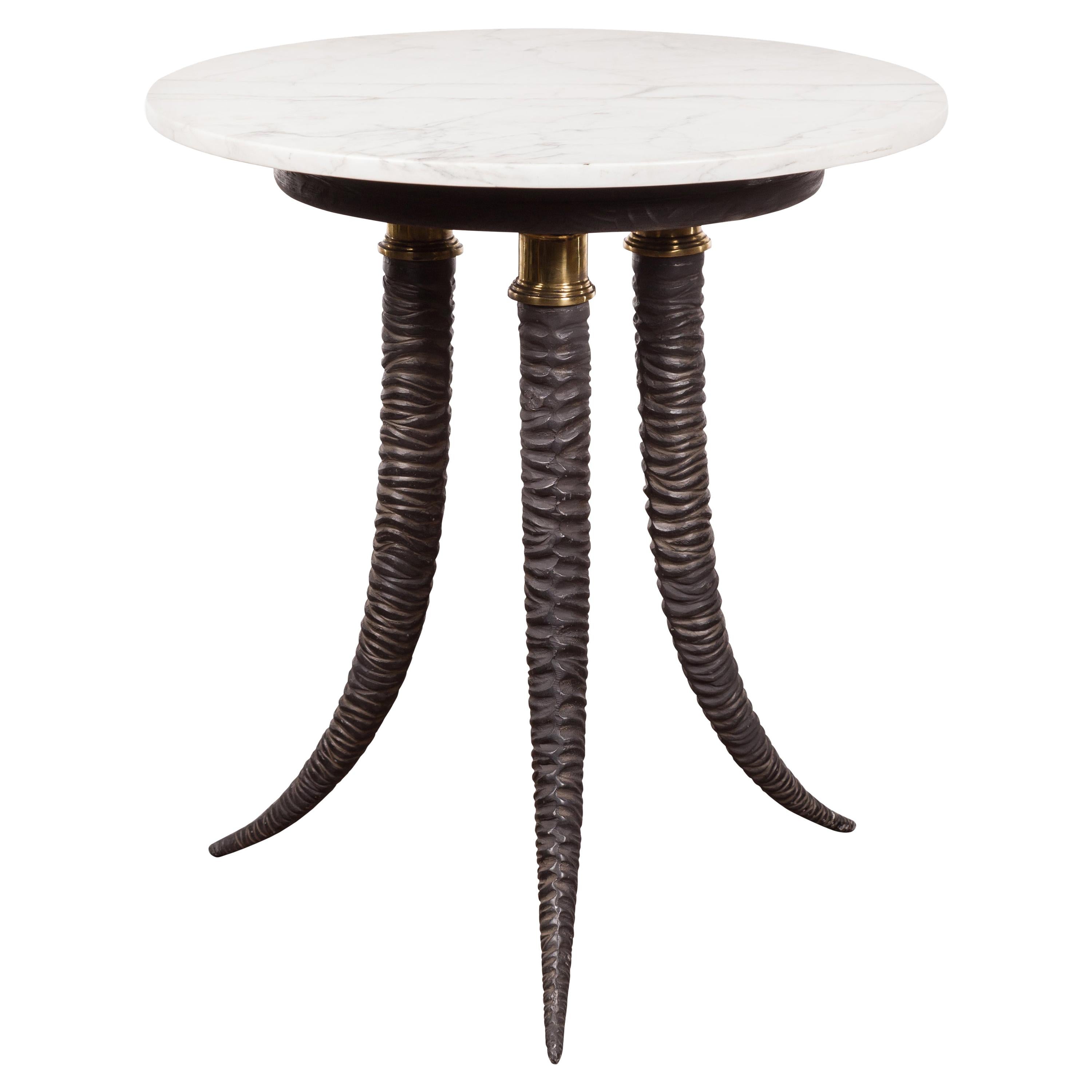 Italian Midcentury Table with Horn Style Tripod Base and White Marble Top