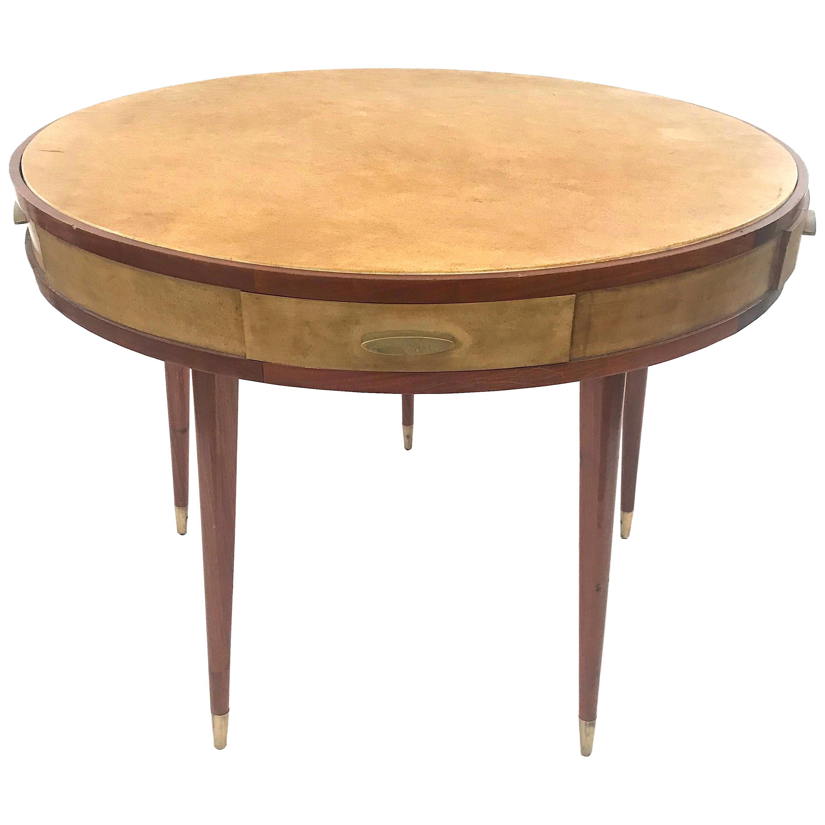 Italian Goatskin Parchment Game Table and Four Chairs Aldo Tura at 1stDibs