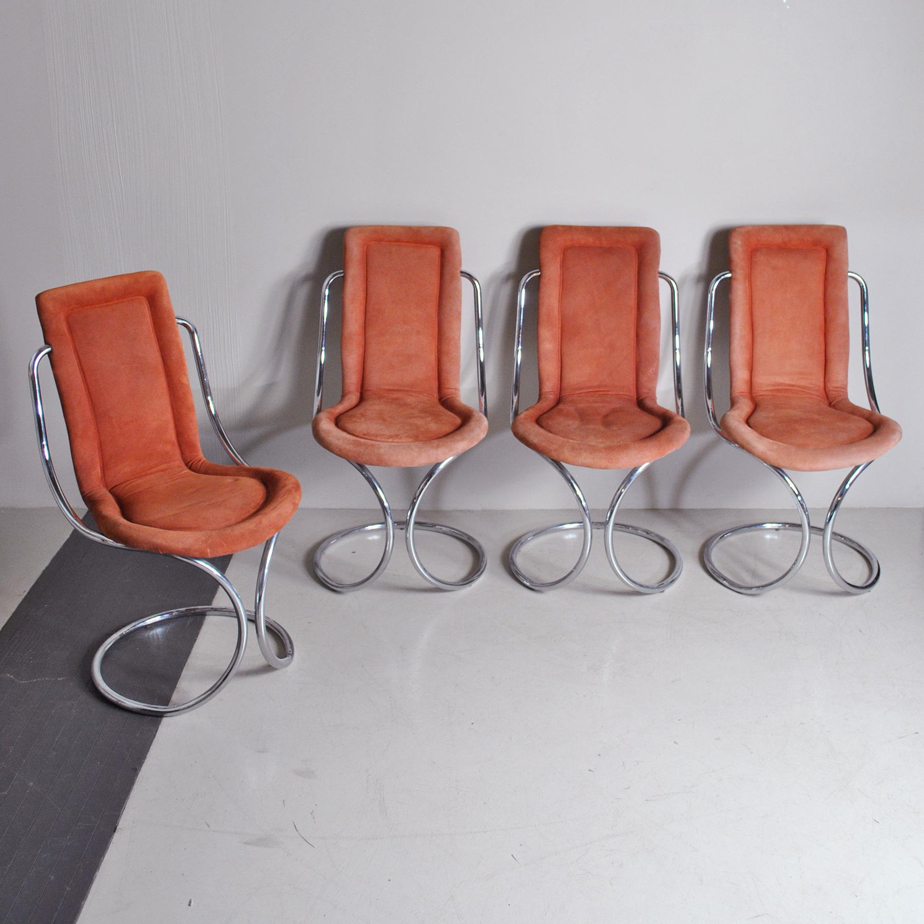 Set of four chairs by Tecnosalotto form the seventies in chromed steel and alcantara leather.