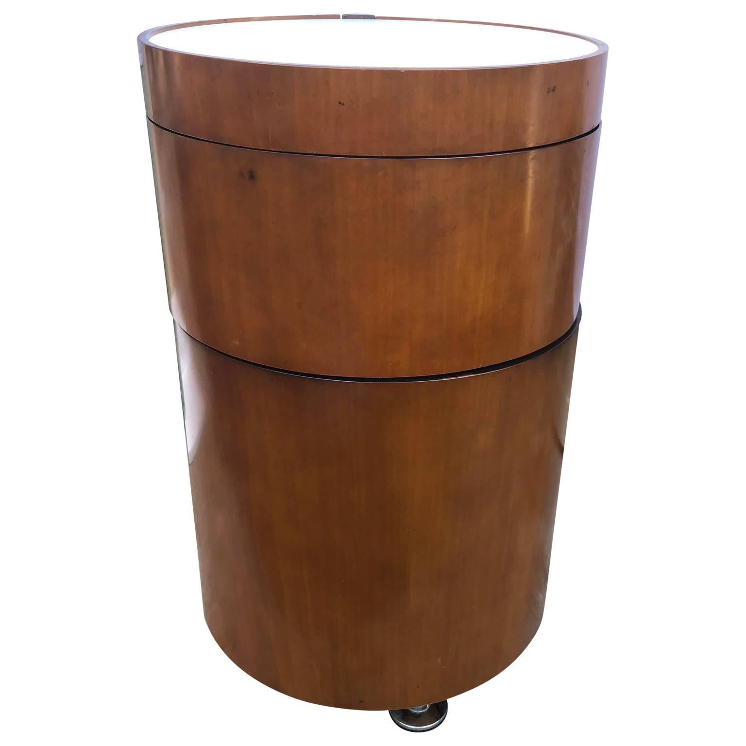 Italian Mid-Century Modern three-drawer side table or dry bar with multi-colored lit tabletop of opaline glass